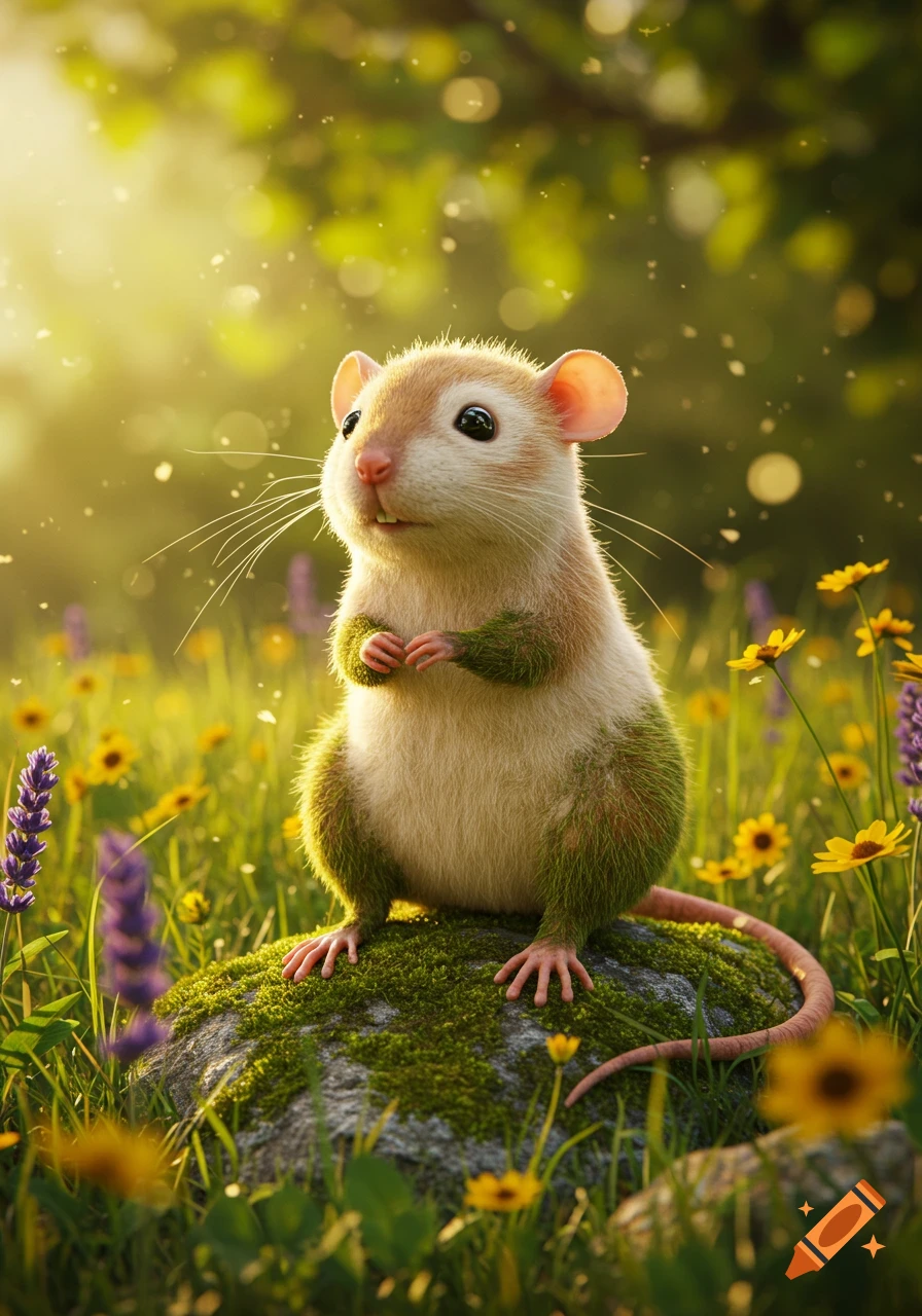 A cute, green-furred rat-like creature sits on a mossy rock in a sunlit meadow with purple and yellow flowers.
