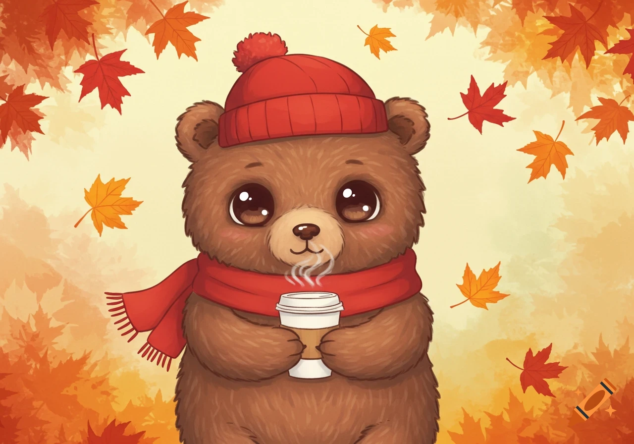 Kawaii illustration of a brown grizzly bear wearing a red beanie and scarf, holding a steaming coffee cup amidst falling autumn leaves.