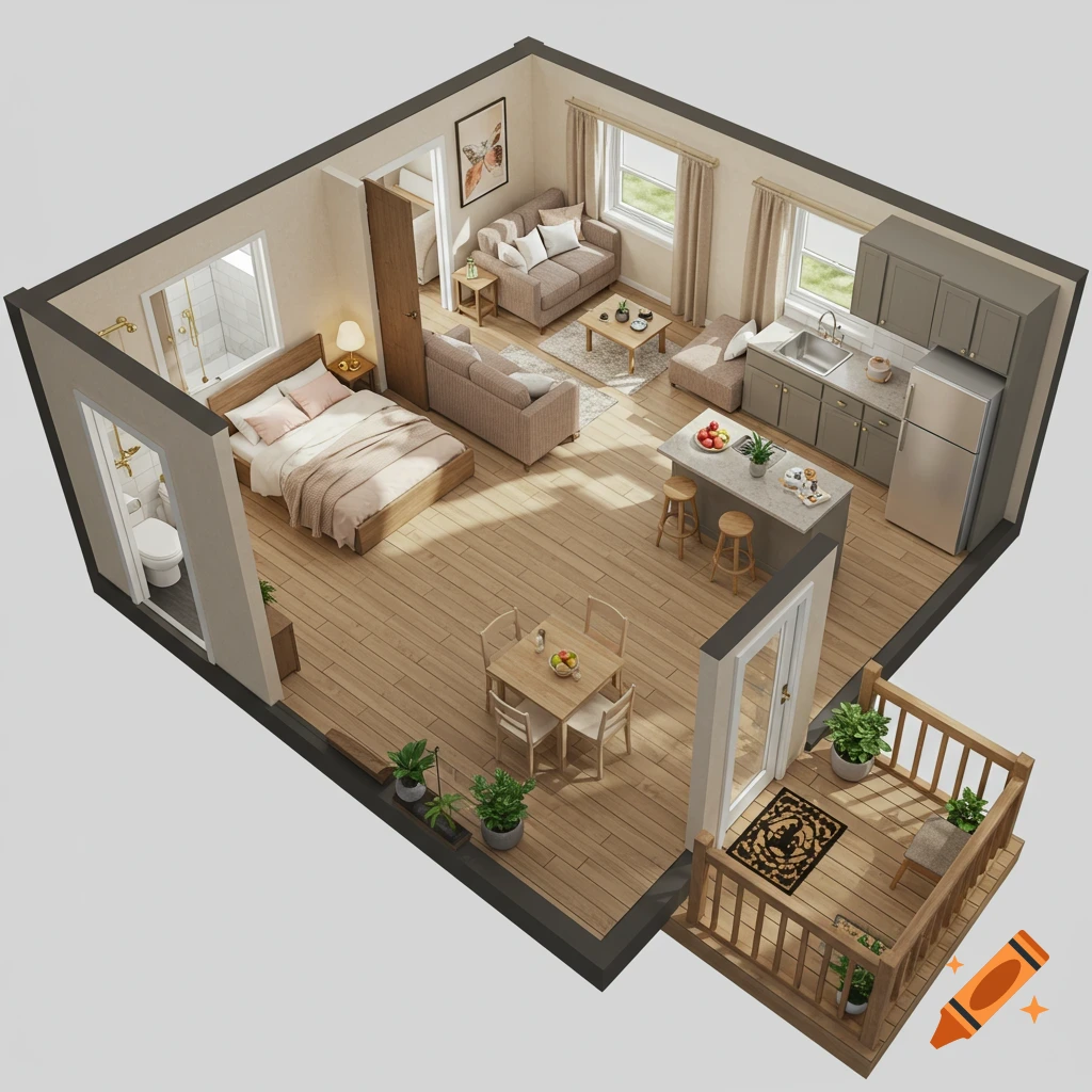 A detailed 3D top-down view of a modern apartment floor plan, showing a bedroom, bathroom, living room, kitchen, and a small deck.