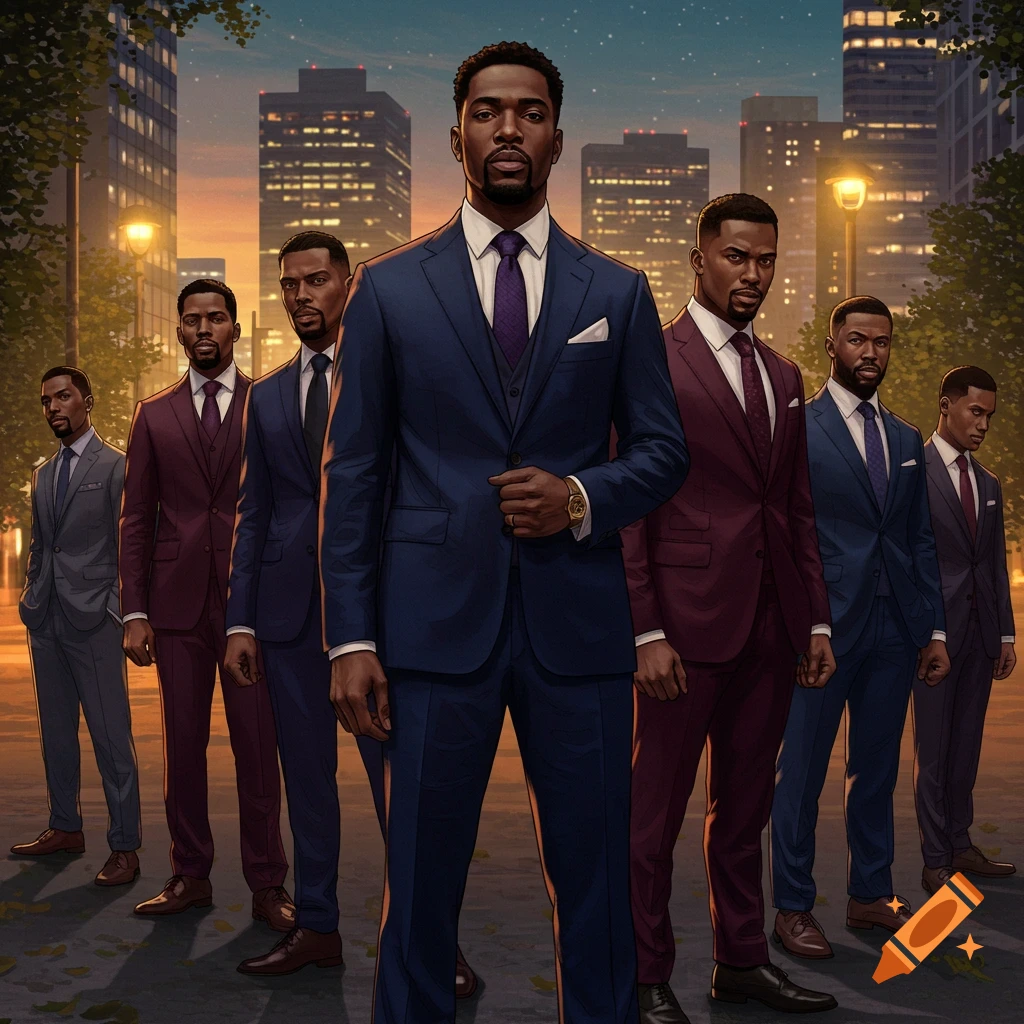 Group of Black men in suits standing in a city street at sunset, with skyscrapers in the background.
