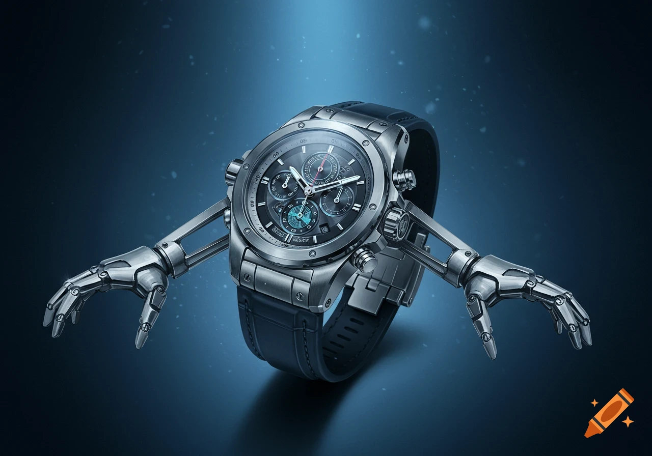 A silver wristwatch with black leather straps and two articulated robotic arms extending from its sides, on a blue gradient background.
