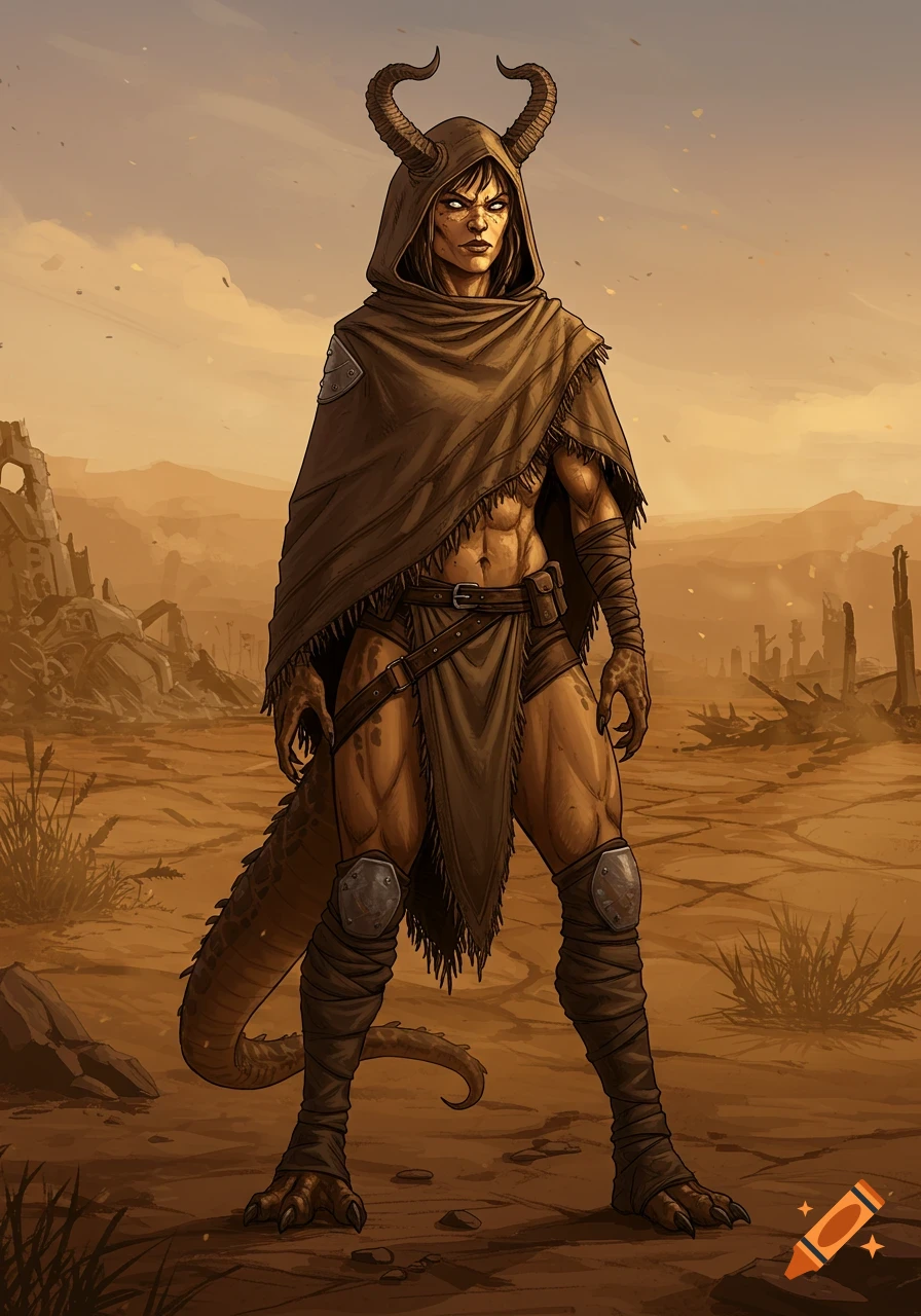 A female Deathclaw human hybrid in a brown poncho stands in a desolate, ruined desert landscape under an orange sky.