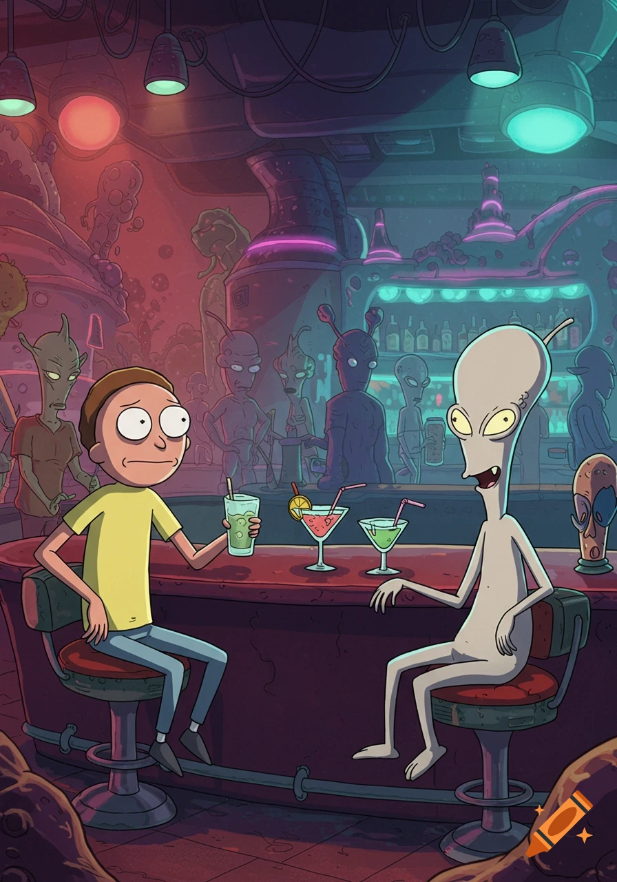 Morty from Rick and Morty and Roger from American Dad sit at a futuristic alien bar, holding drinks.