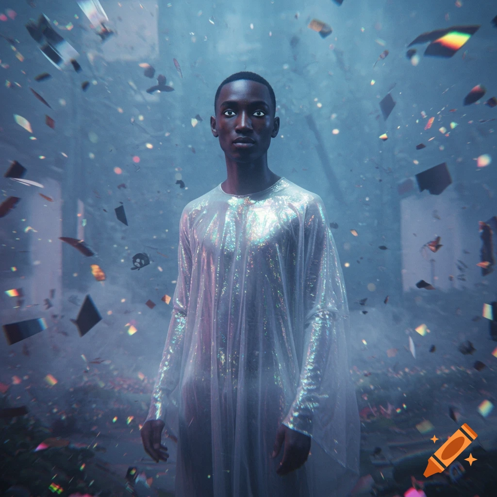 A person with dark skin and glowing white eyes in a shimmering cloak stands amidst floating, iridescent shards in a hazy, ethereal setting.
