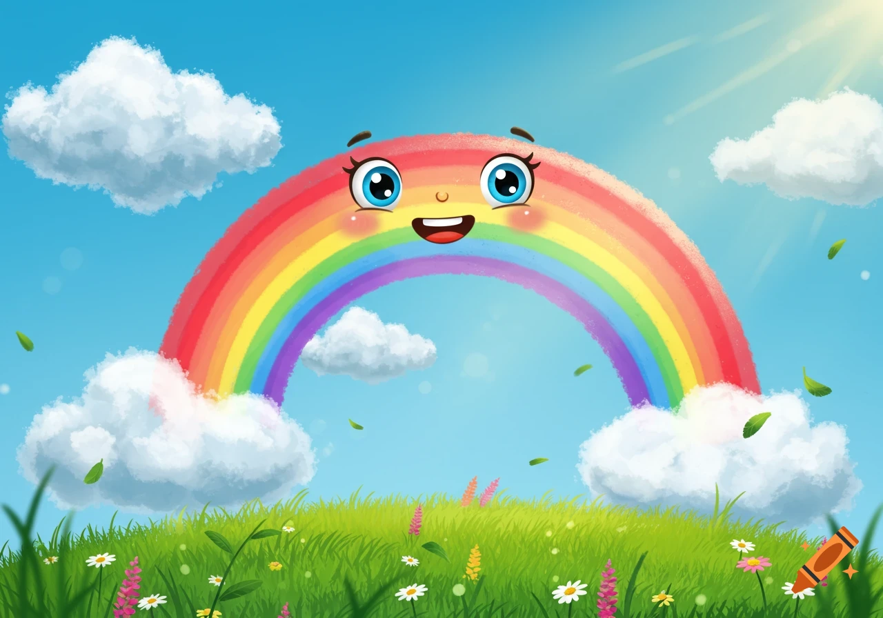 A cheerful cartoon rainbow with a face smiling over a green field with white and pink flowers, under a blue sky with white clouds and sun rays.