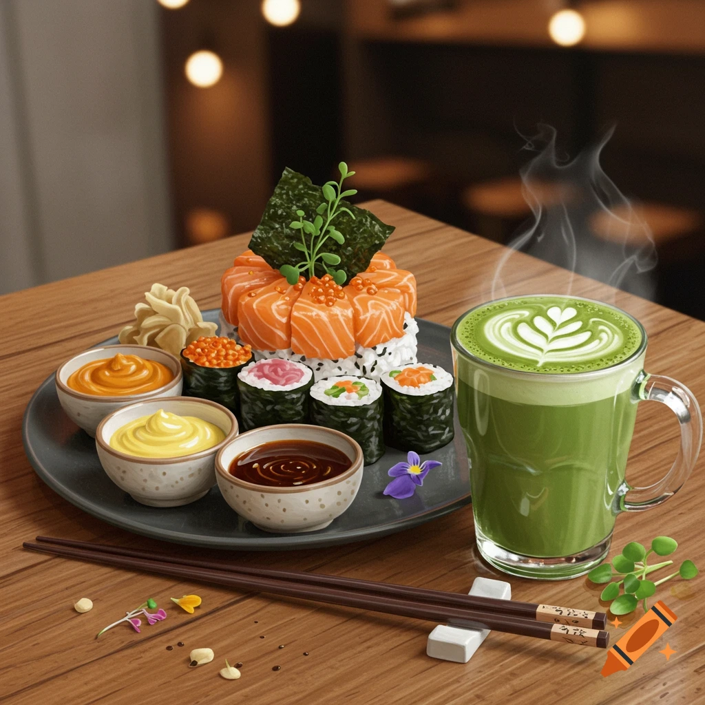 A plate of various sushi pieces, including rolls and a salmon-topped mound, served with dipping sauces and a steaming matcha latte on a wooden table.