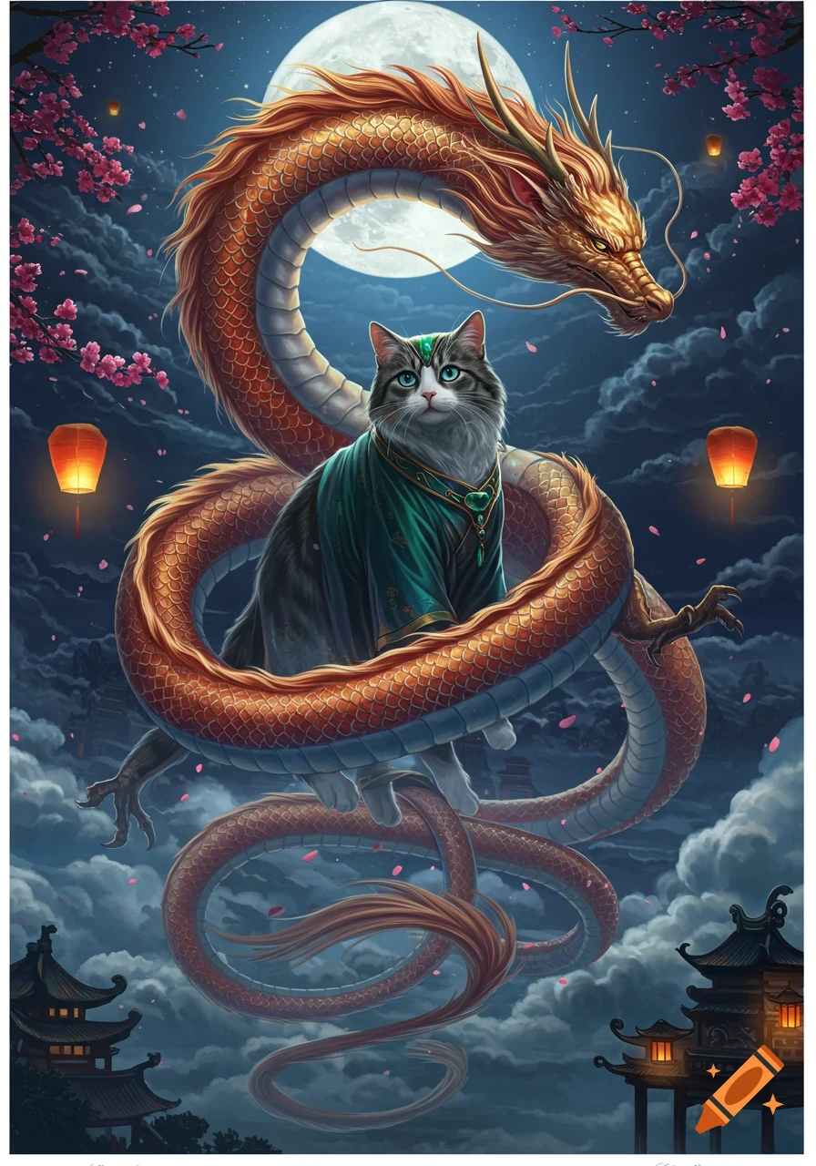 A majestic gray cat in green robes sits amidst a vibrant red and gold Chinese dragon under a full moon and cherry blossoms.