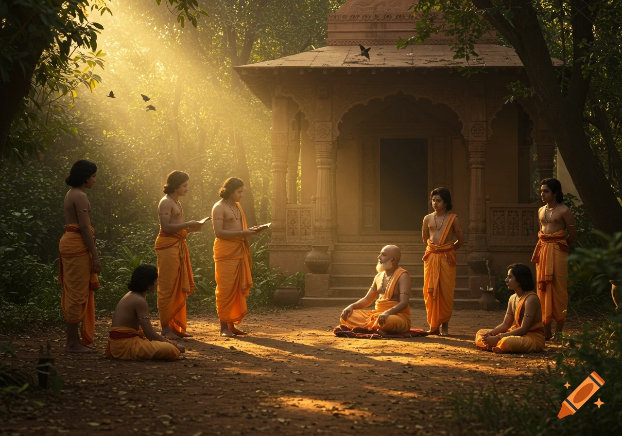 A wise sage teaches young students in saffron robes outside an ancient Indian temple, with sunbeams filtering through trees.