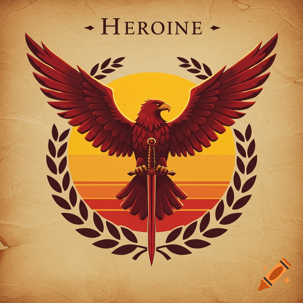 A vintage-style emblem featuring a red eagle with outstretched wings holding a sword, framed by a laurel wreath and a sunset, with the word 'HEROINE' above.