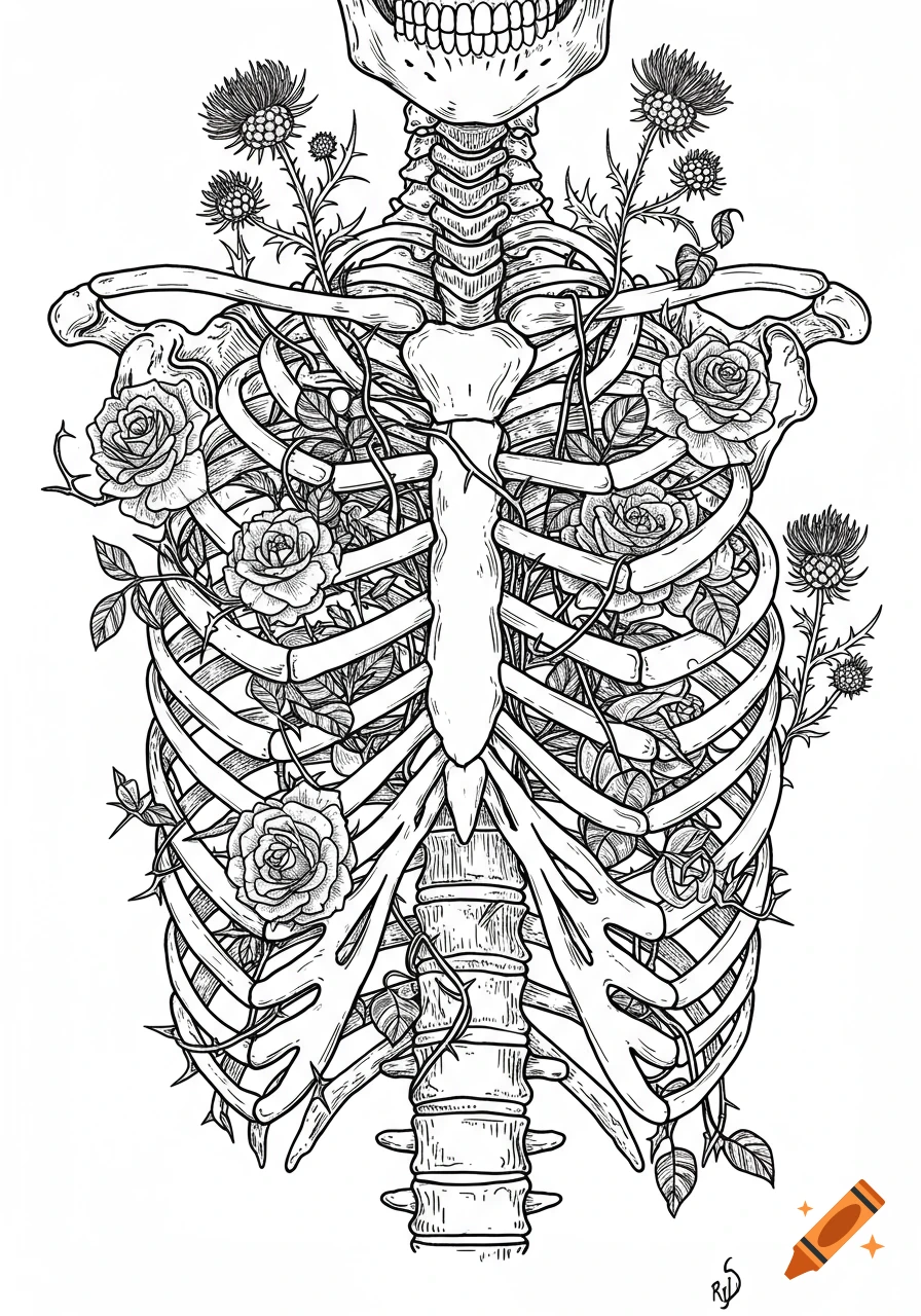 Detailed black and white line art illustration of a human rib cage and spine with roses and thistles growing through the bones.