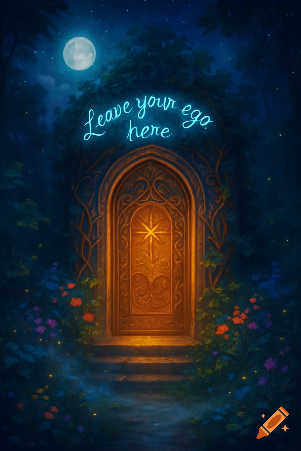 A mystical wooden door with glowing designs set in a dark forest at night, illuminated by a full moon and surrounded by flowers, with neon text 'Leave your ego here' above it.