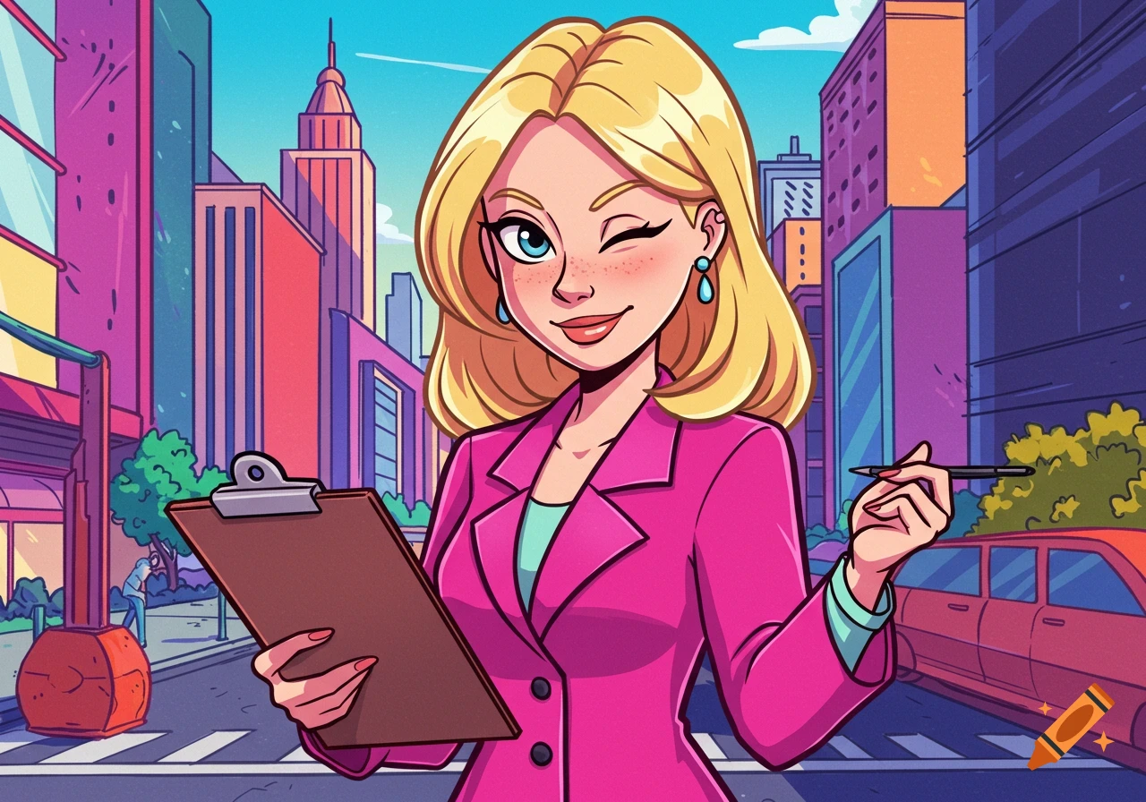A blonde cartoon woman in a pink blazer winks while holding a clipboard and pen in a colorful city street.