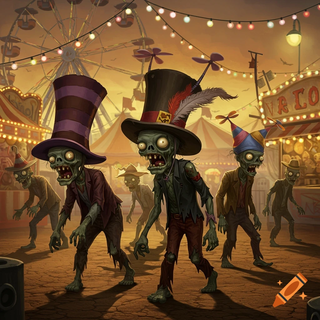 Cartoon zombies wearing various silly hats walk forward in a vibrant carnival setting at dusk, with a Ferris wheel and tents in the background.