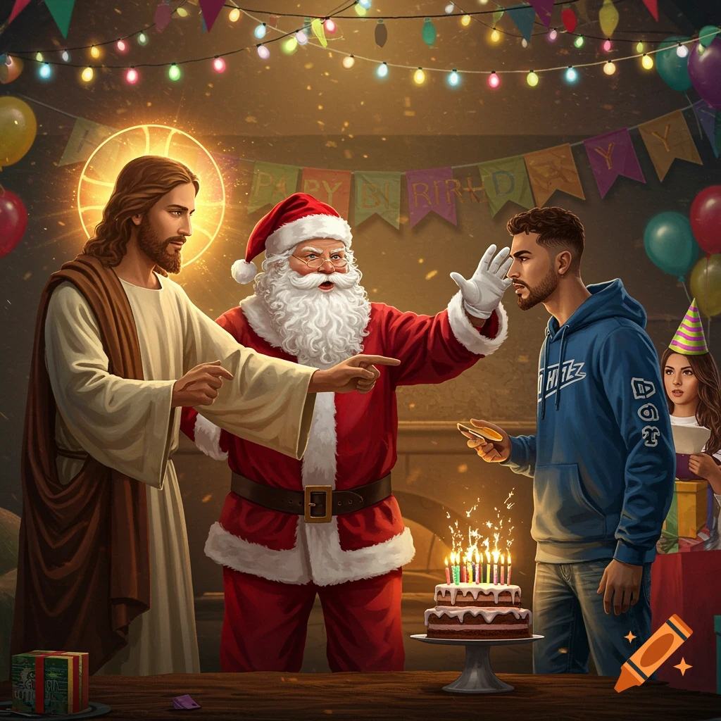Jesus and Santa Claus at a birthday party, with Jesus pointing and Santa mediating between him and a young man with a cake.