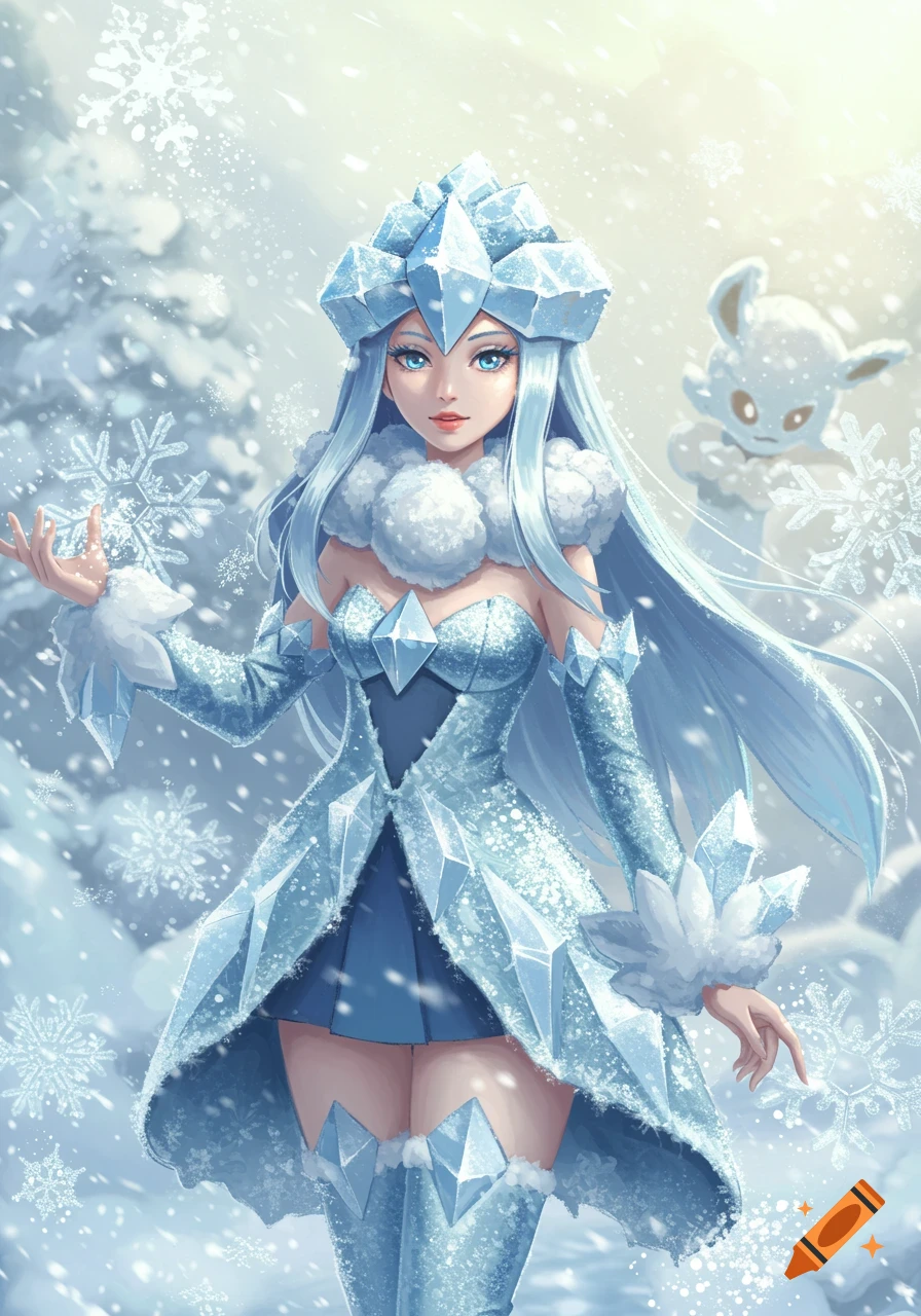 Anime girl with blue hair in an ice-themed dress and crown, standing in a snowy landscape with a snowflake in hand, a small white creature behind her.