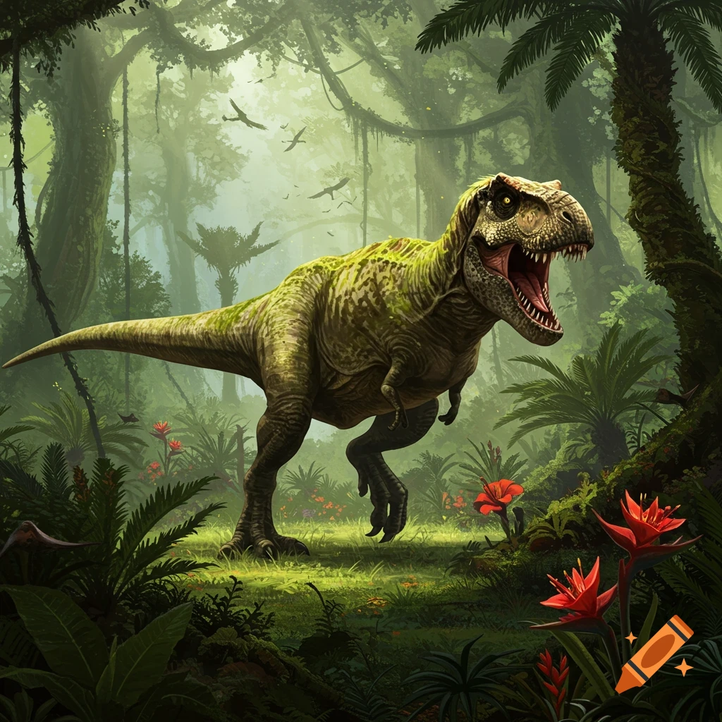 A fierce Tyrannosaurus Rex roars in a lush, dense prehistoric jungle with vibrant foliage and red flowers.