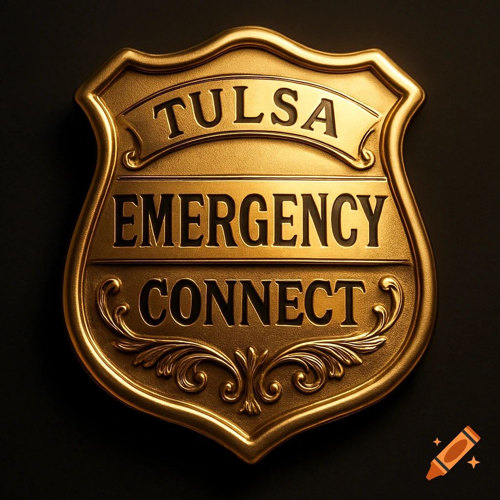 A highly detailed gold shield-shaped badge with the words TULSA EMERGENCY CONNECT embossed on it.