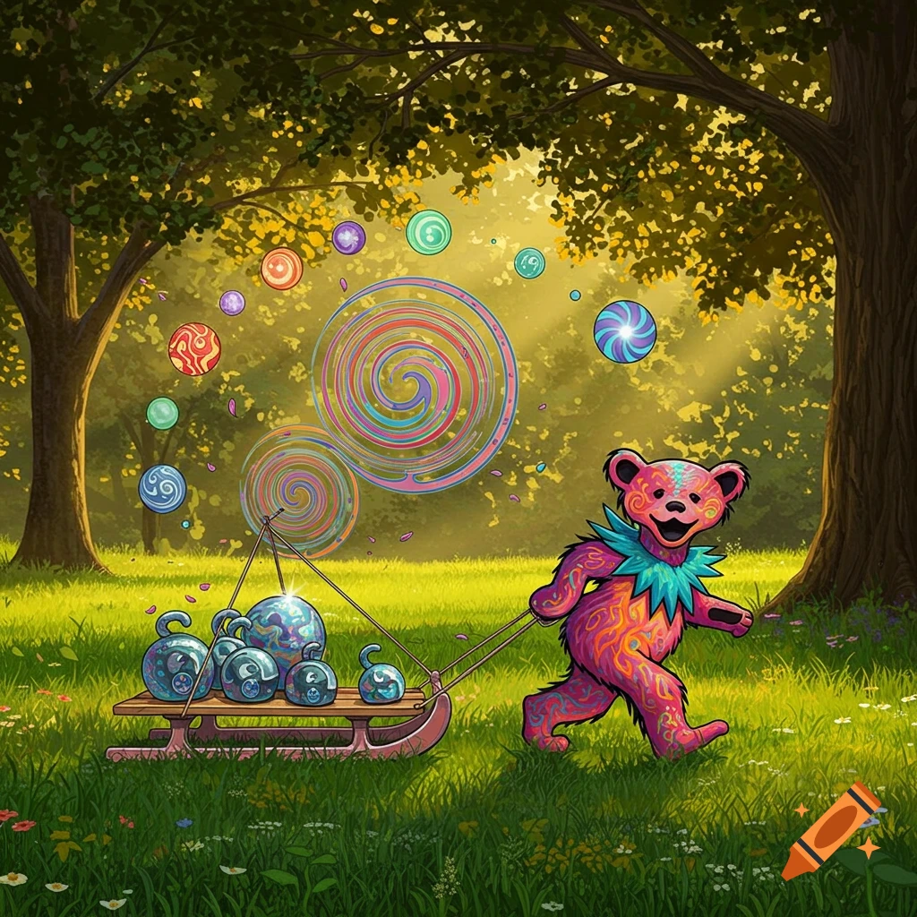 A pink and orange Grateful Dead bear pulls a sled with glowing orbs through a sunny forest, surrounded by colorful floating spheres.