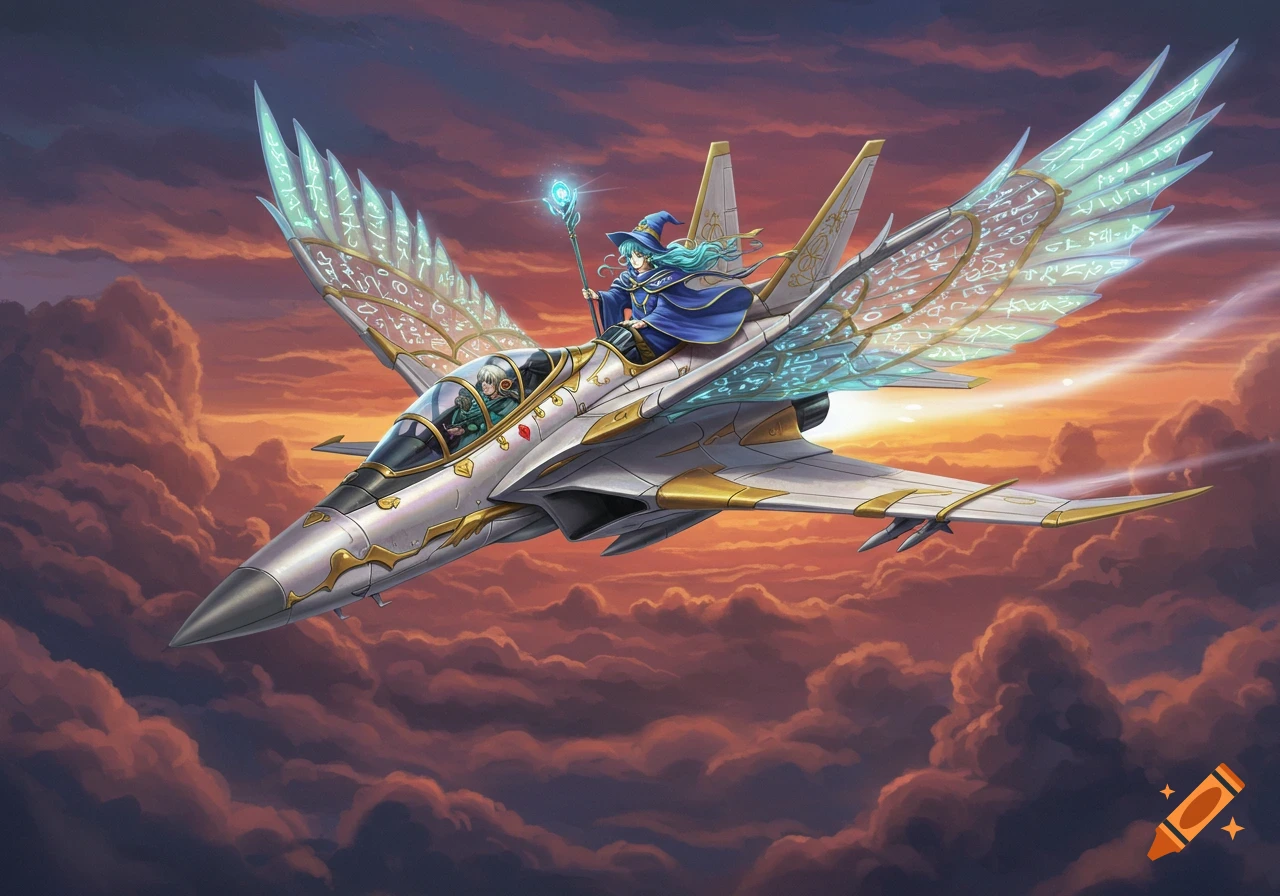 An anime-style wizard riding on the back of a fantasy jet with glowing, runic wings, flying through a vibrant sunset sky.