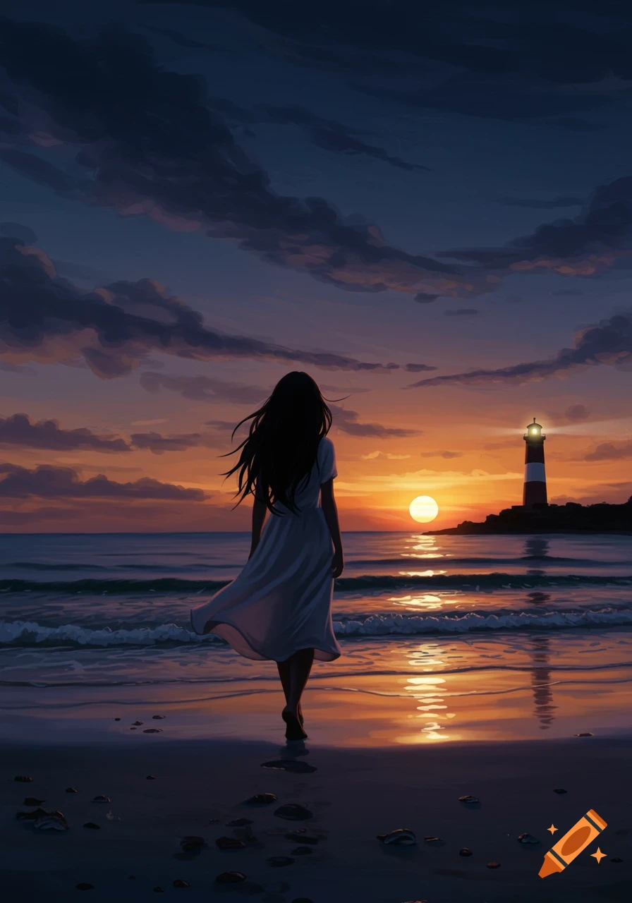 A dark-haired woman in a white dress walks on a beach towards a lighthouse at sunset, with waves and sky reflecting the orange light.