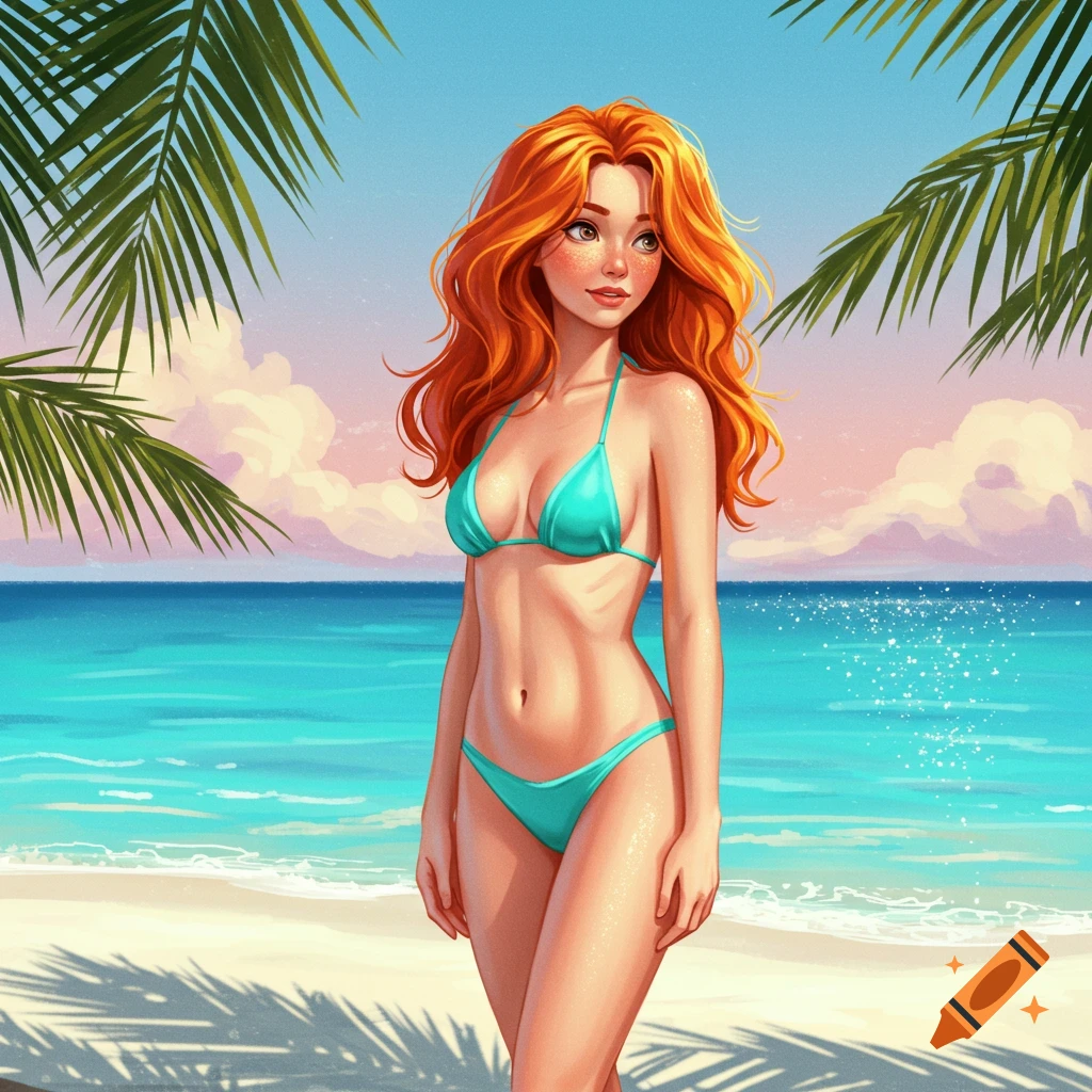 An illustrated ginger-haired woman in a teal bikini standing on a sunny beach with palm leaves and the ocean.