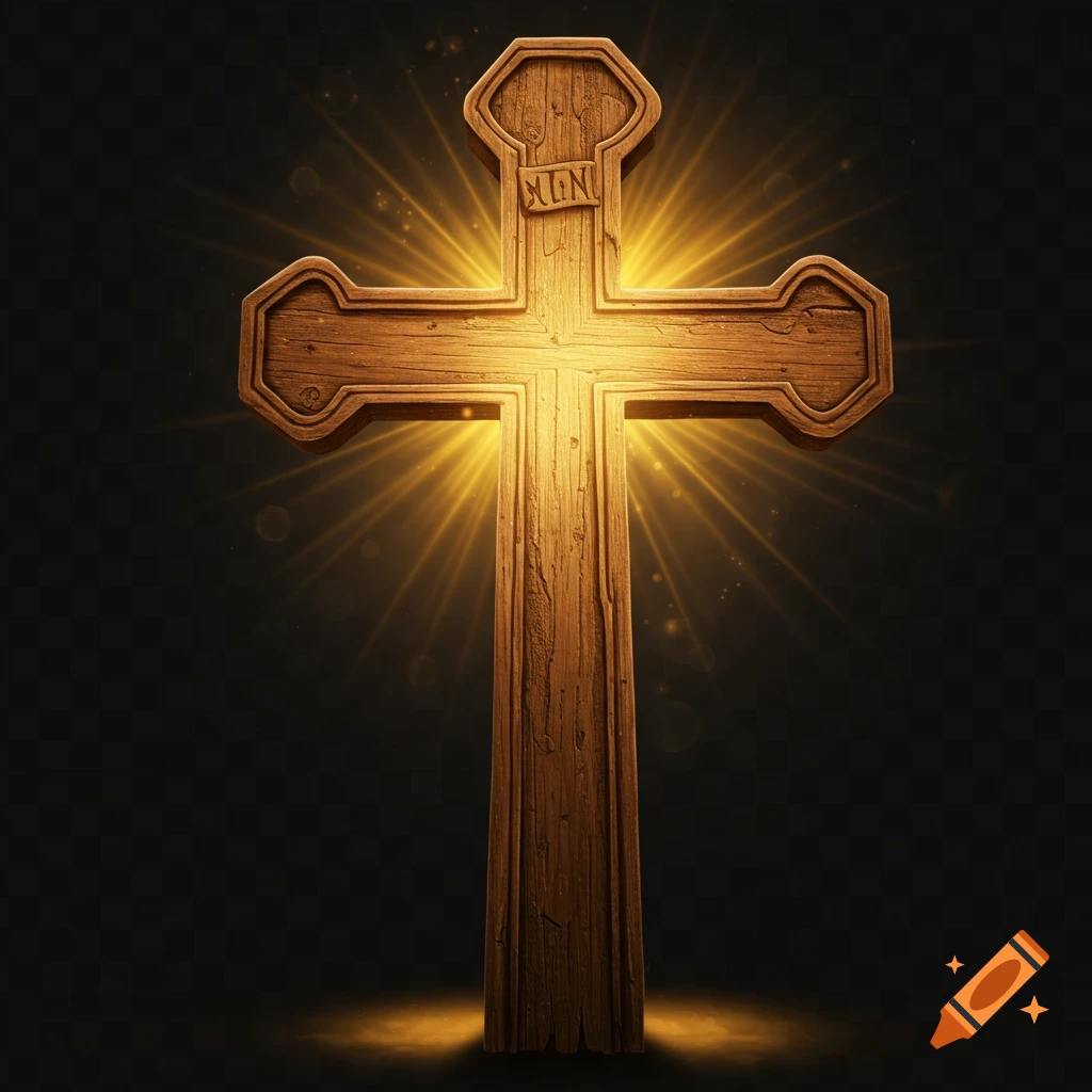 A textured wooden Christian cross glows brightly with golden light rays against a dark, transparent background.