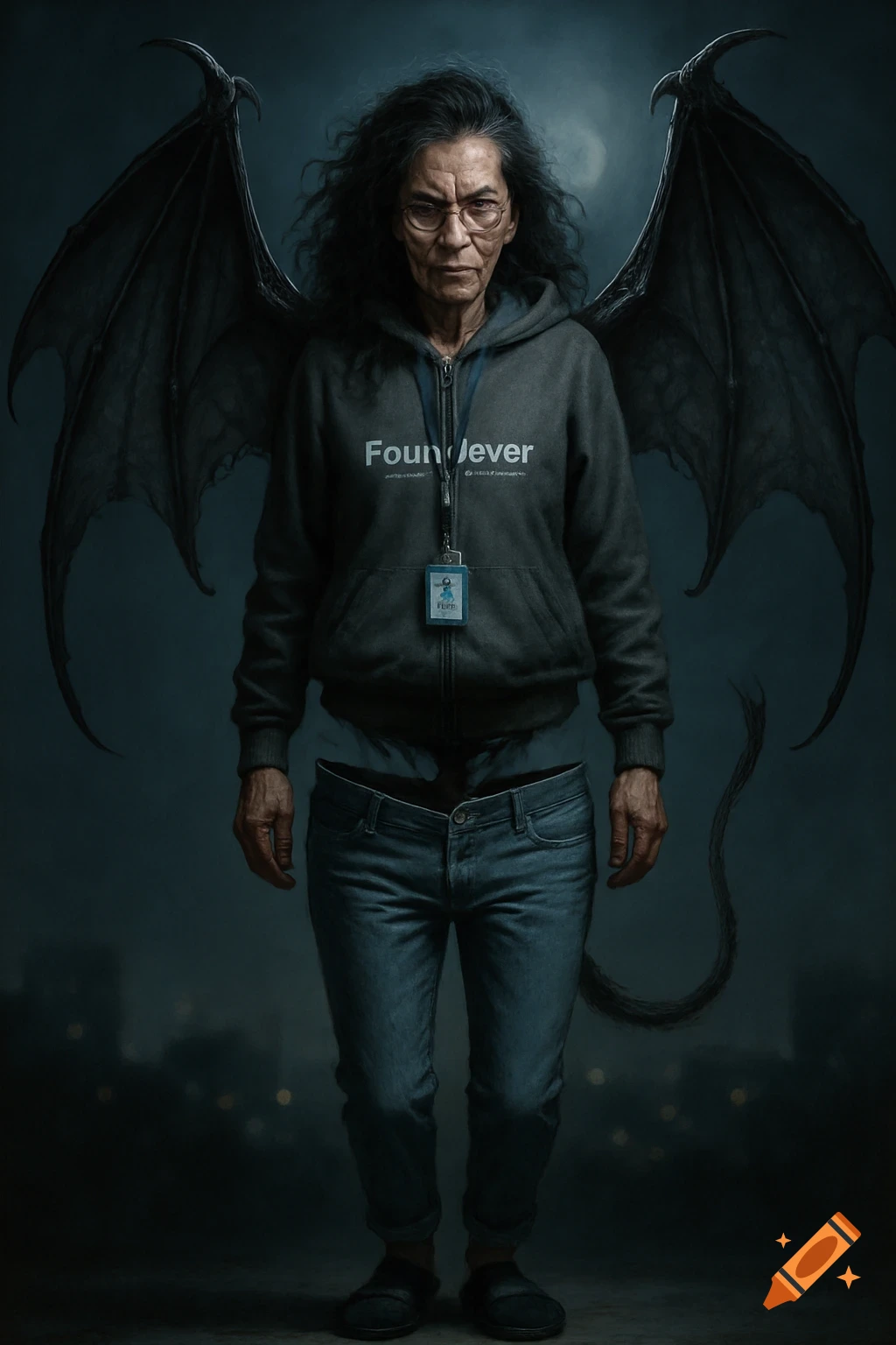 A photorealistic depiction of an old woman with long, curly hair, demon wings, and a tail, wearing a grey hoodie with 'Foundever' text and jeans, standing in a dark, atmospheric setting.