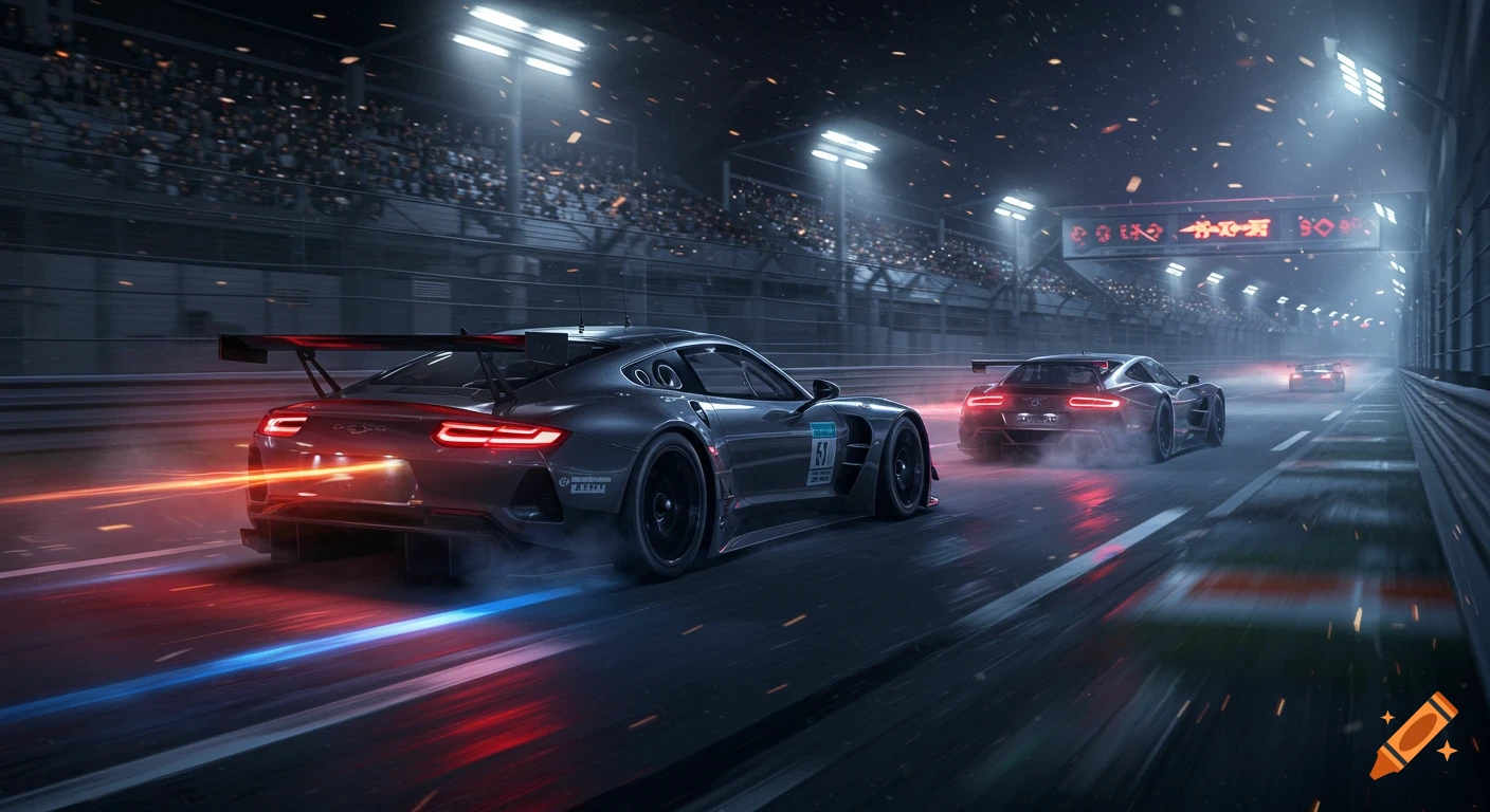 Two GT3 race cars racing on a wet track at night with bright lights, motion blur, and spectators in the stands.
