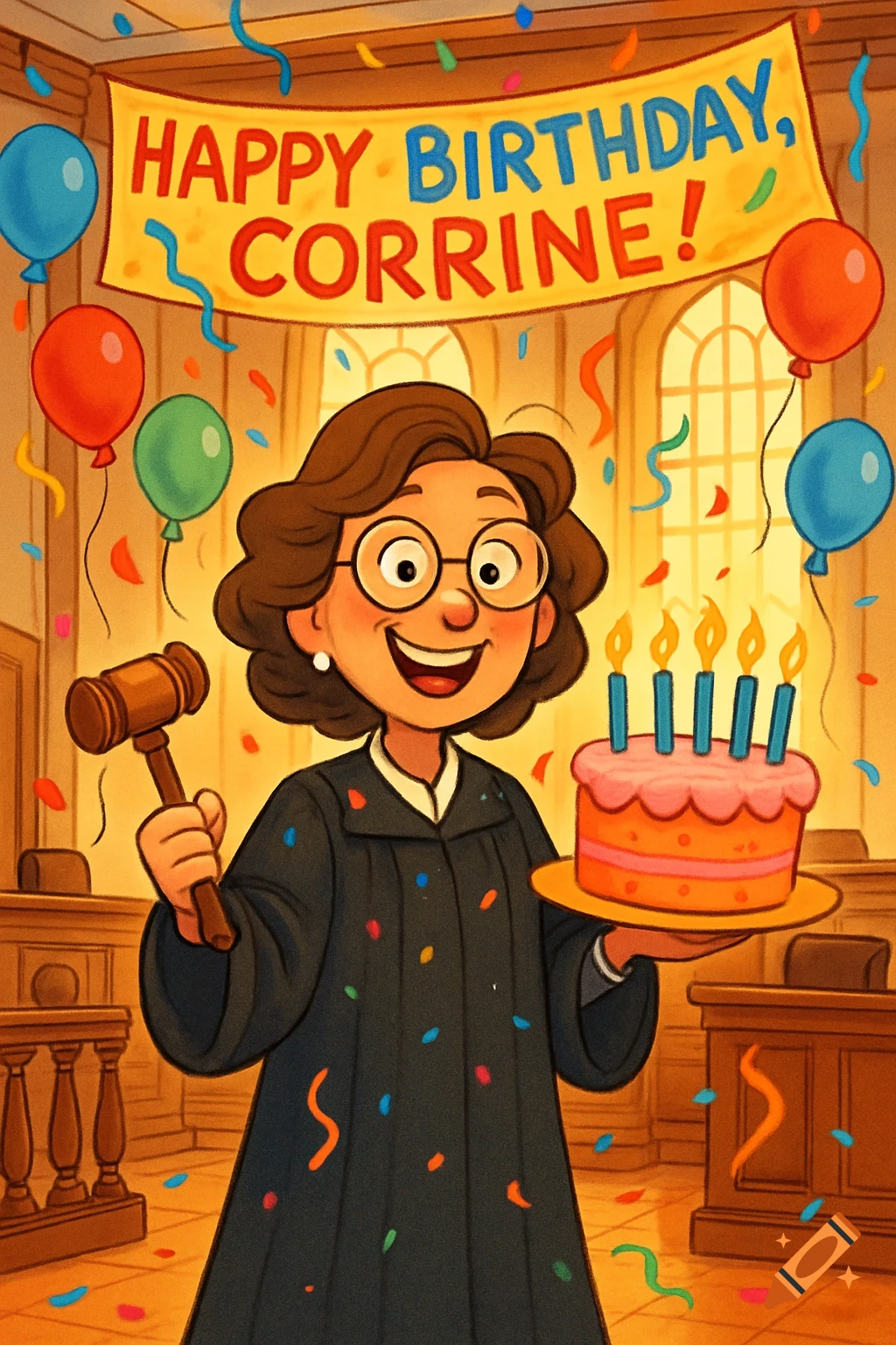Cartoon of a smiling female judge in a robe holding a birthday cake and gavel in a confetti-filled courtroom with a 'Happy Birthday, Corrine!' banner.