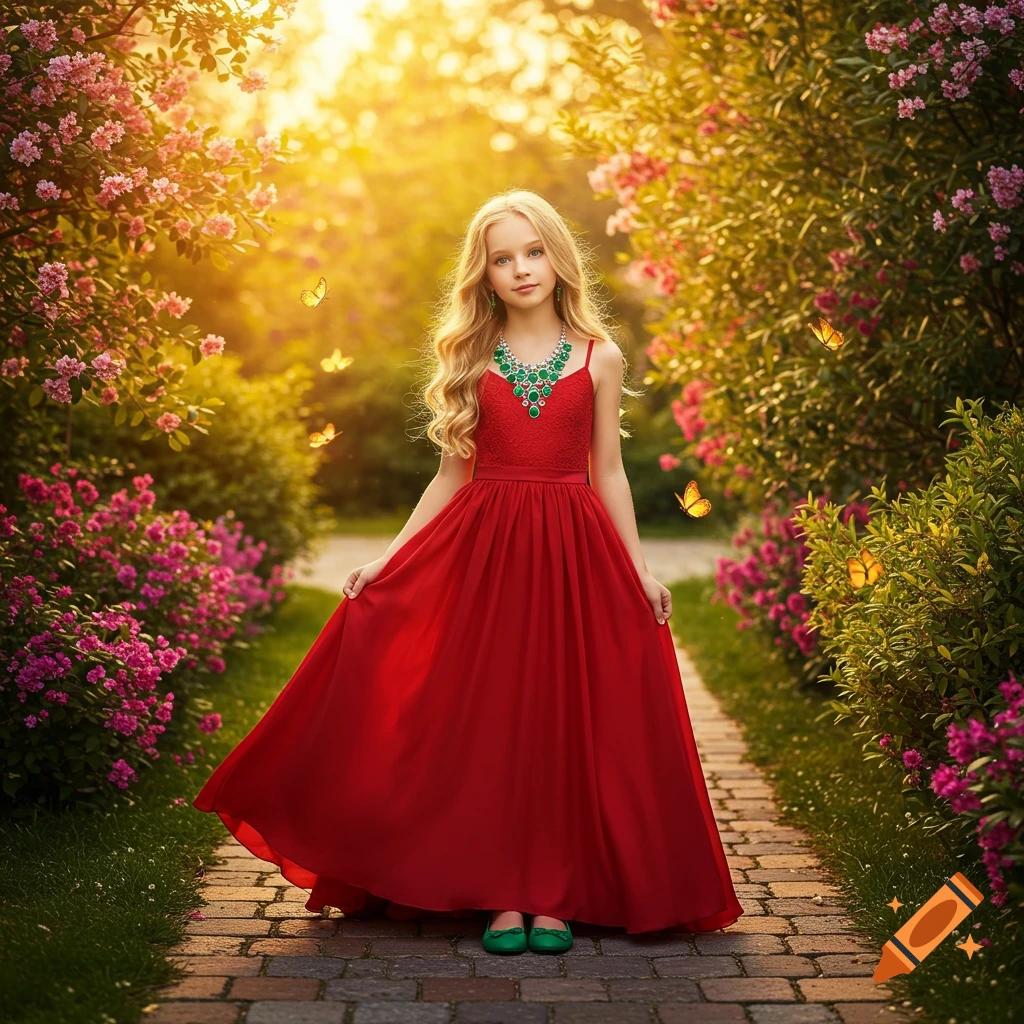 A blond girl in a red dress with a green necklace stands on a brick path in a lush, sunlit garden with pink flowers and butterflies.