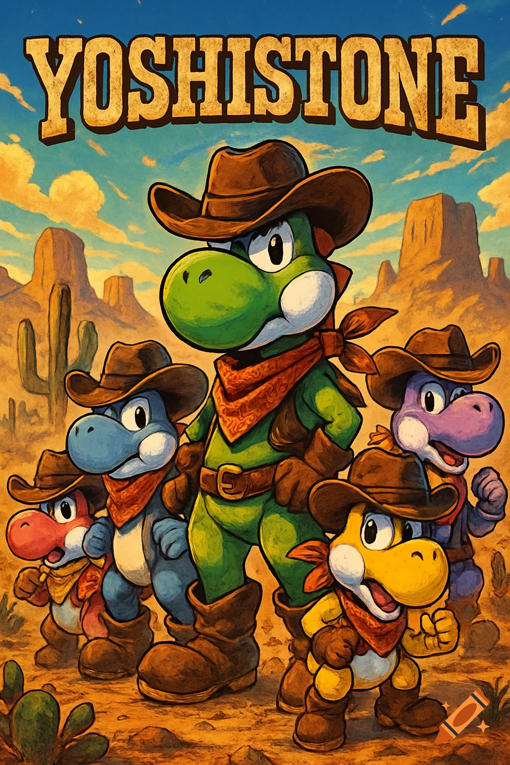 A group of multi-colored Yoshi characters dressed as cowboys in a desert landscape. A large "YOSHISTONE" logo is at the top.