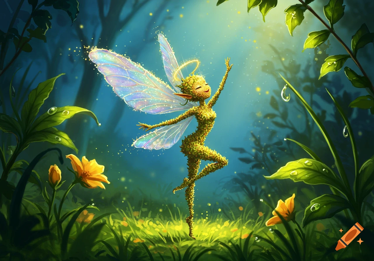 A vibrant, happy fairy with iridescent wings and a leafy body dances in a sunlit forest clearing.