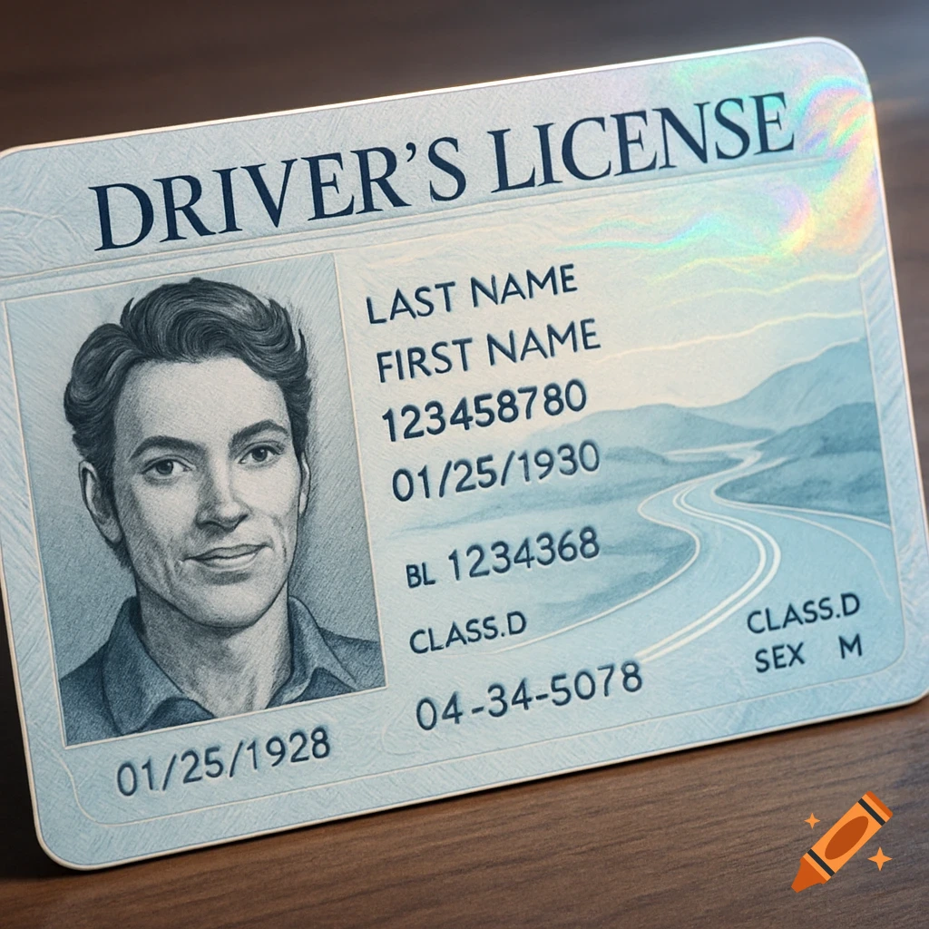 A close-up view of a driver's license with a sketched portrait of a man, showing text fields like name, license number, and dates.