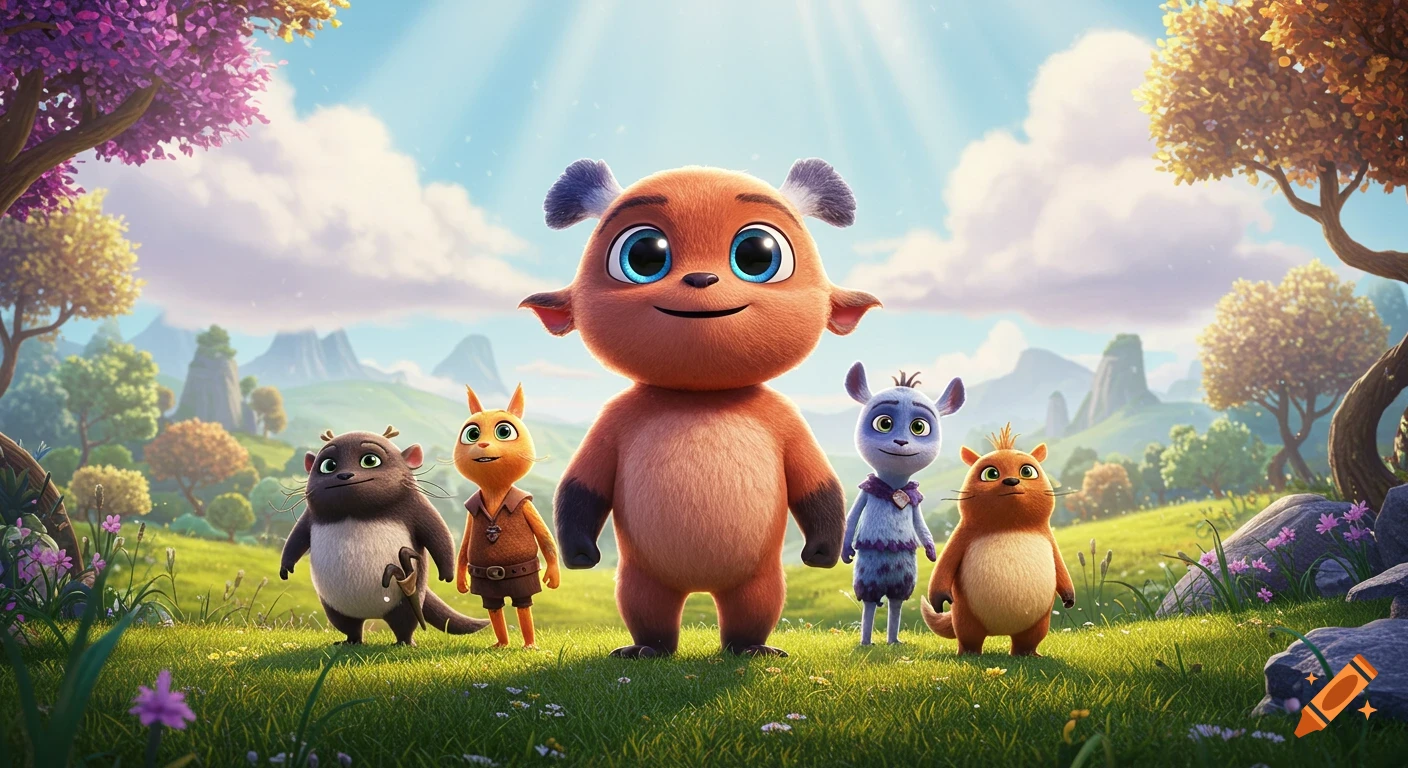 Five cute, colorful, furry cartoon creatures stand in a vibrant green field with trees and mountains, in a Pixar-like animation style.