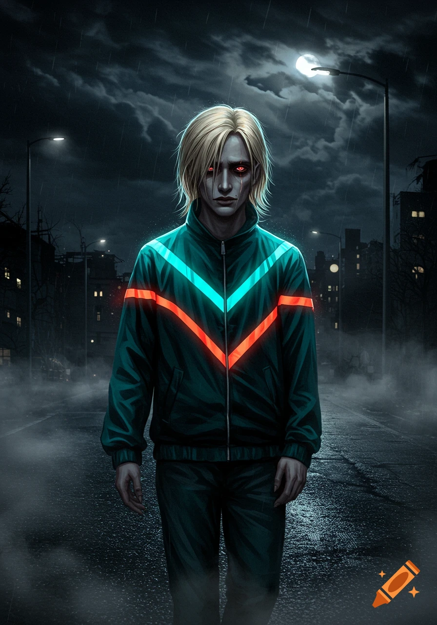 A pale, blonde-haired vampire in a glowing teal and orange tracksuit stands on a rainy city street at night under a full moon.