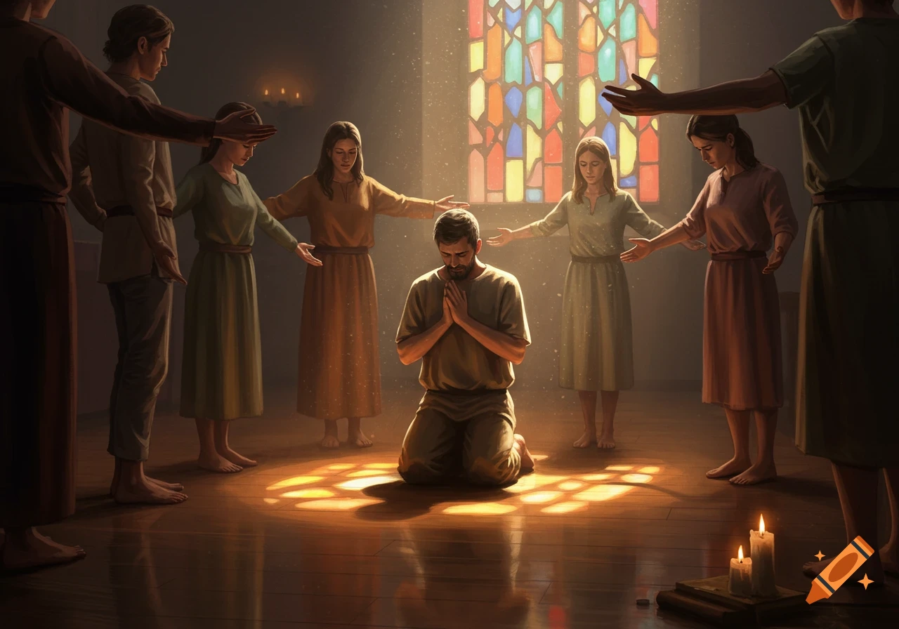 A man kneels in prayer surrounded by people with outstretched arms in a sunlit room with a stained-glass window.