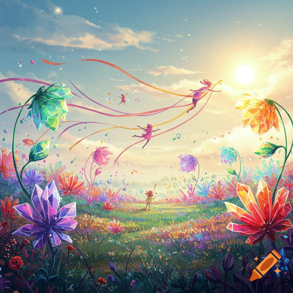 Vibrant fantasy landscape with crystal flowers, small figures flying with ribbons, and musical notes under a bright sky.