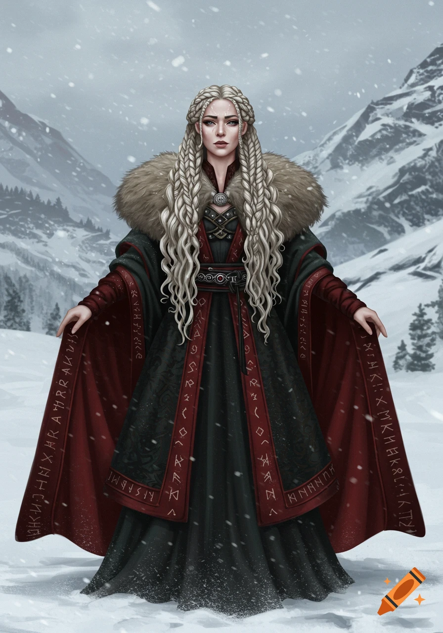 A fantasy portrait of a woman with long blonde braided hair and fur-trimmed dark and red robes standing in a snowy mountain landscape.