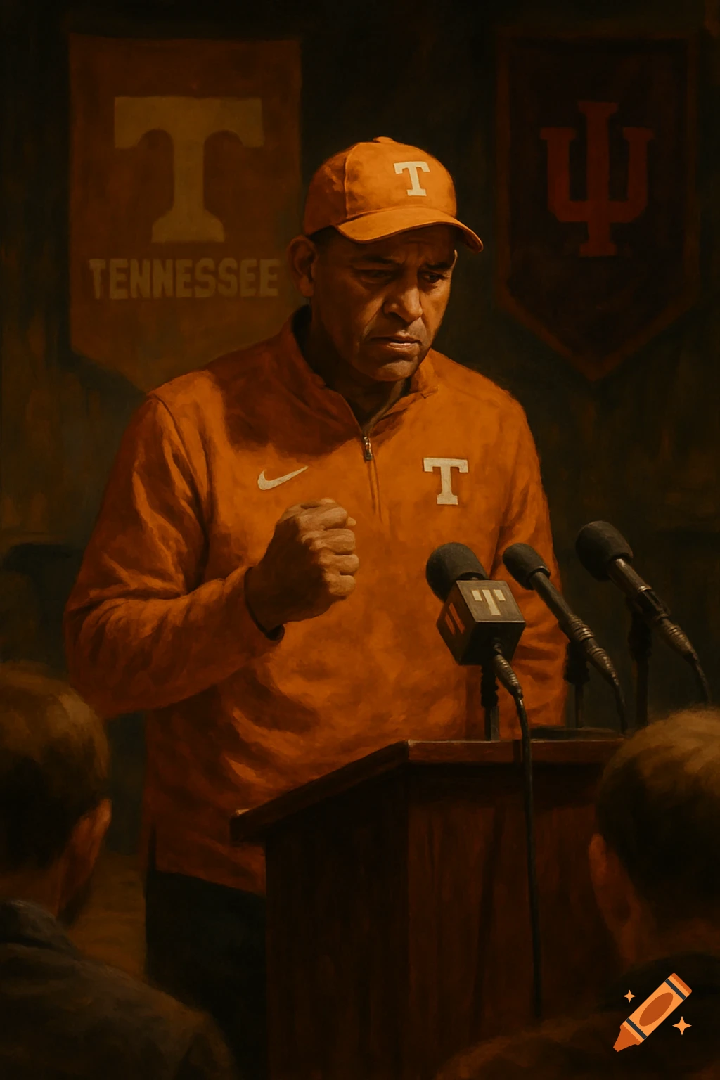 An oil painting of a male coach in an orange jacket and cap speaking at a press conference with university banners in the background.