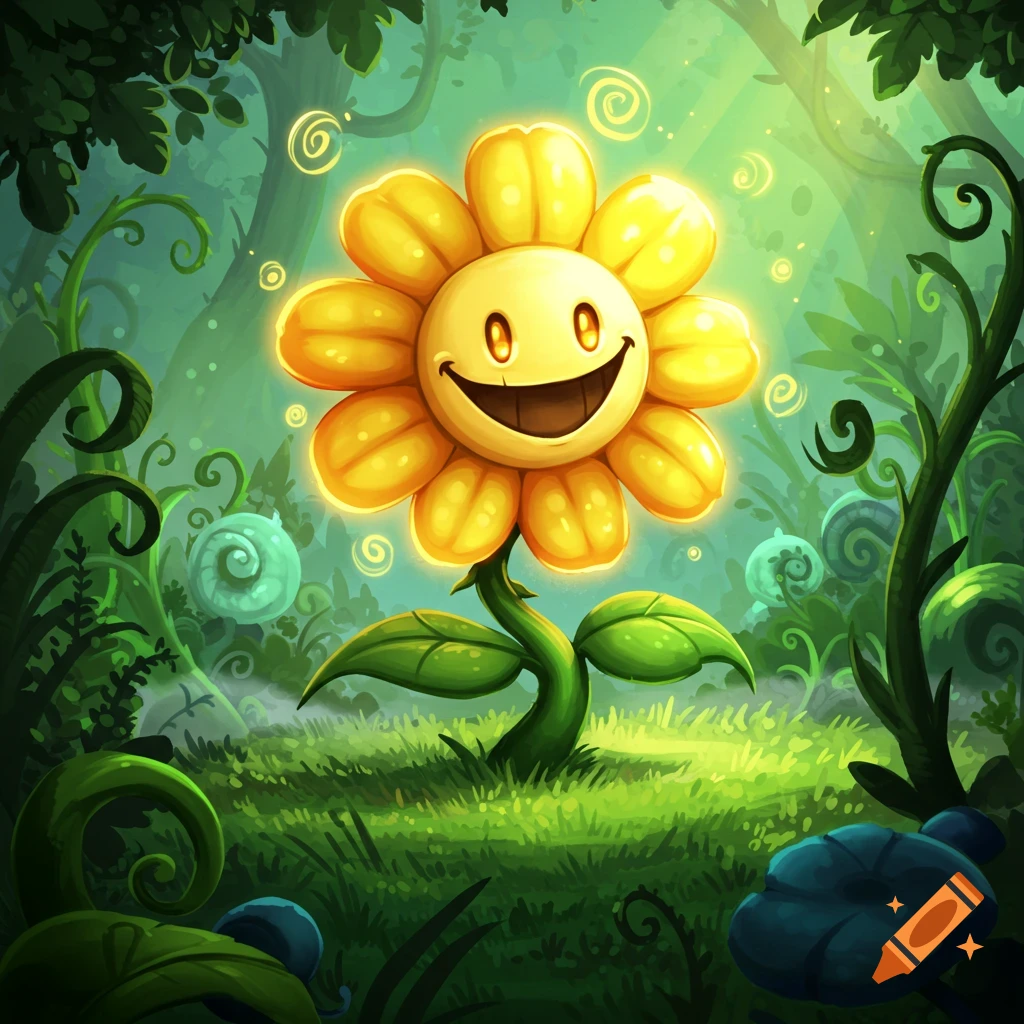 A cheerful, glowing yellow flower with a big smile stands in a lush green fantasy forest with swirling light accents.