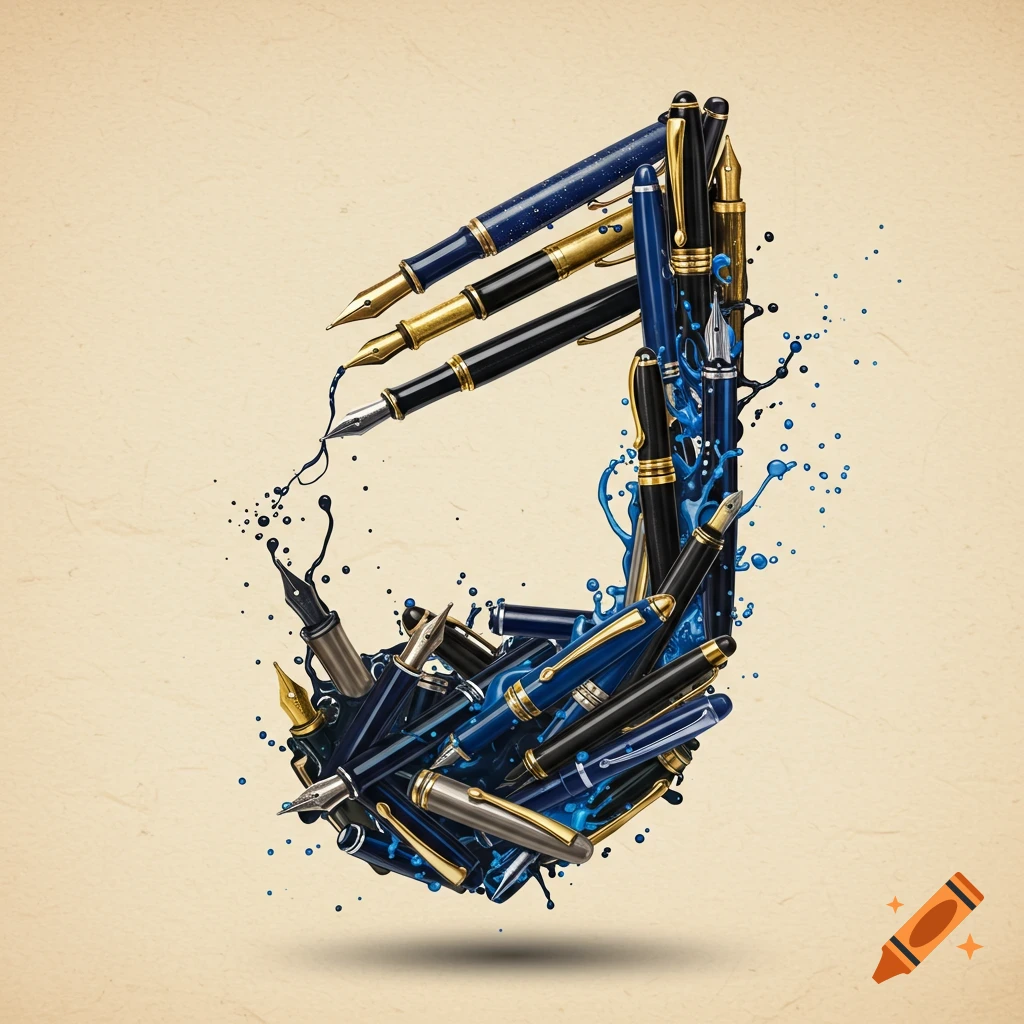 A collection of blue, black, and gold fountain pens with ink splatters arranged to form a musical eighth note on a textured beige background.