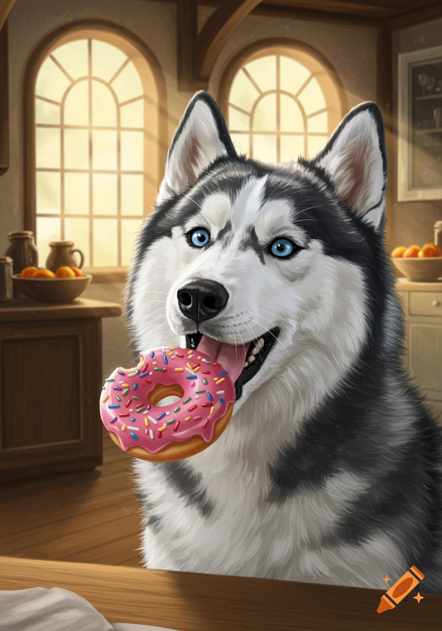 A happy husky dog holds a pink donut with colorful sprinkles in its mouth, in a sunlit kitchen.