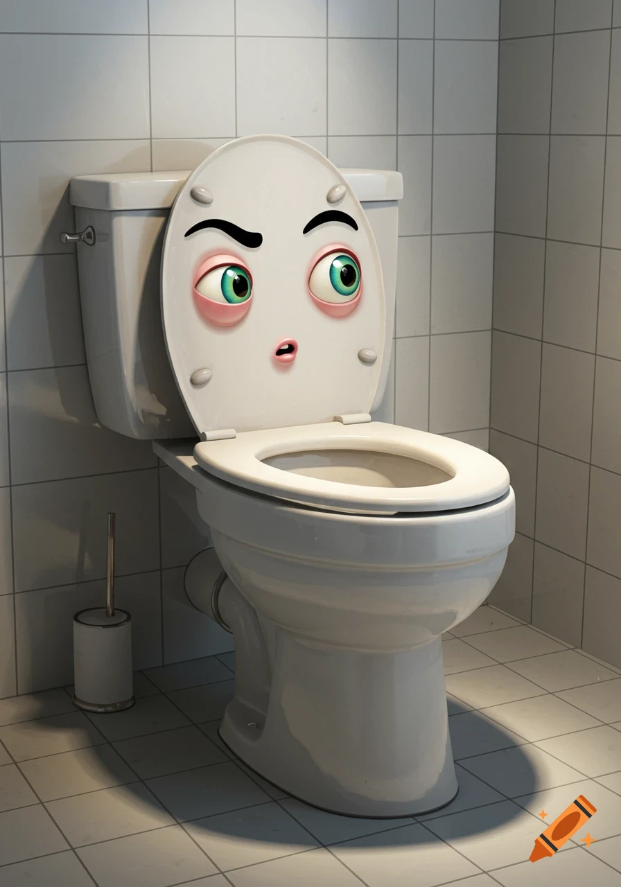 A white toilet with large, cartoonish eyes and raised eyebrows looks surprised in a tiled bathroom.
