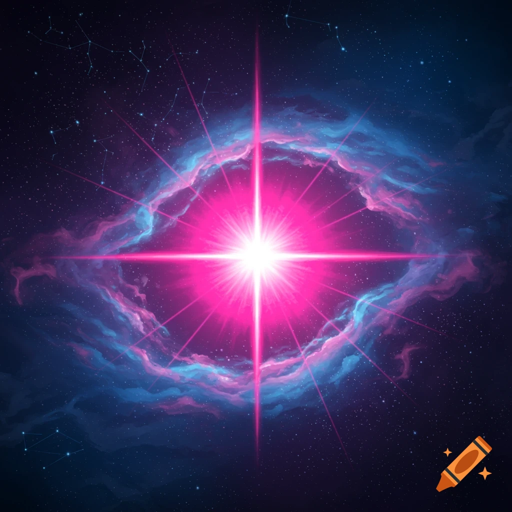 A bright, glowing pink star in the center with light rays extending outwards, surrounded by pink and blue swirling nebulae in deep space.