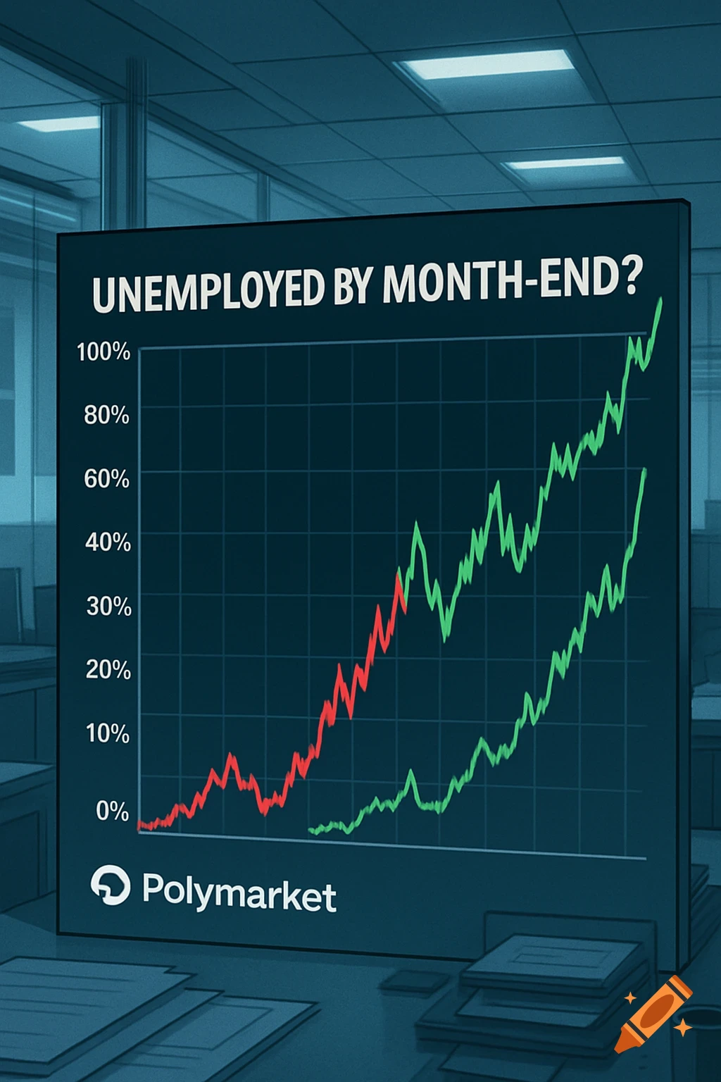 A digital line graph on a screen in an office, titled "UNEMPLOYED BY MONTH-END?", showing two rising lines and a Polymarket logo.