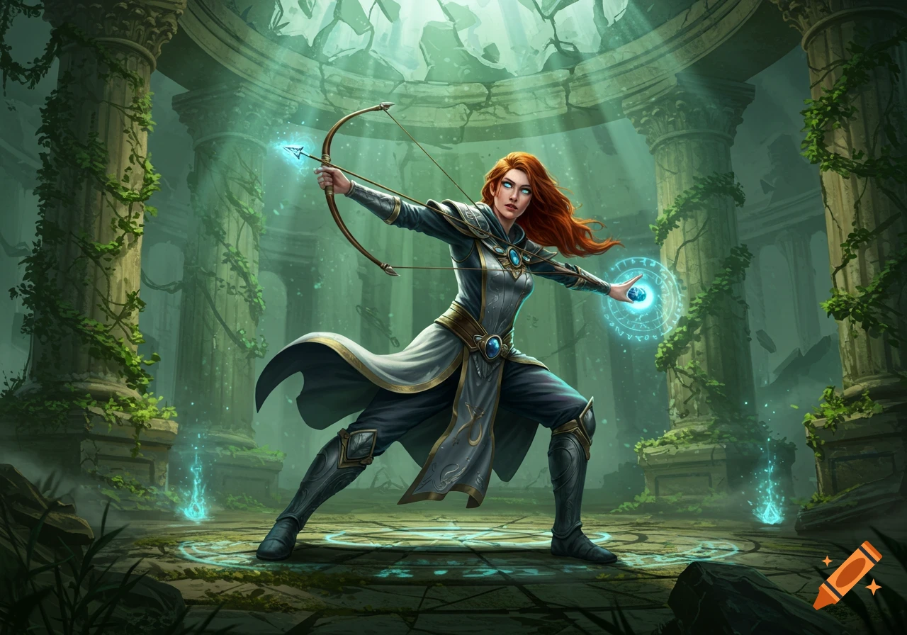 A female fantasy archer with red hair and glowing blue eyes, aiming a bow and conjuring magic in ancient ruins overgrown with vines.