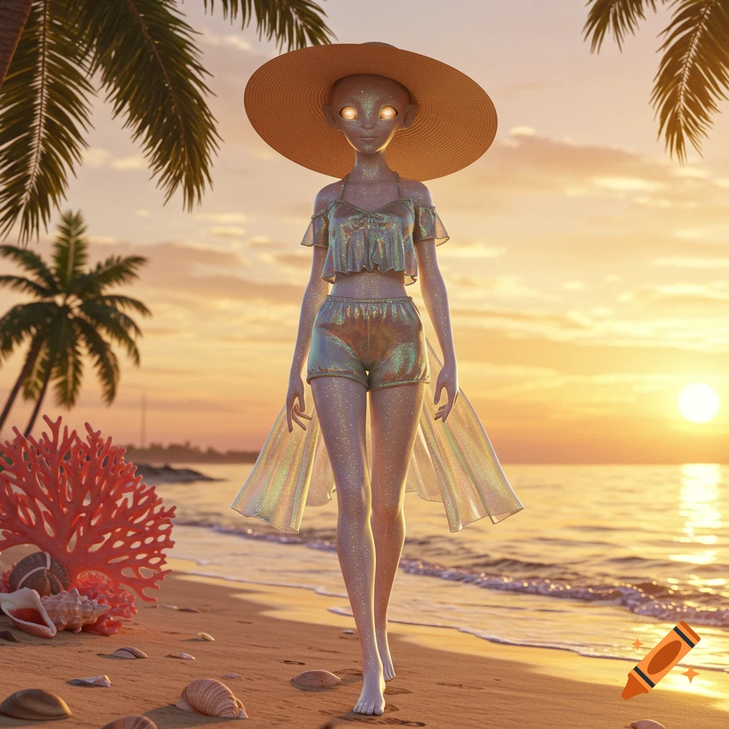 An alien avatar in a sparkly two-piece outfit and large straw hat walks on a sunset beach with palm trees and seashells.