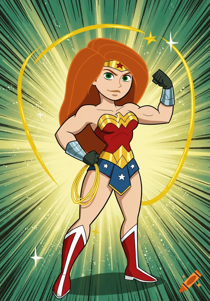 Cartoon of Kim Possible as Wonder Woman, flexing a bicep while holding her lasso against a radiant background.