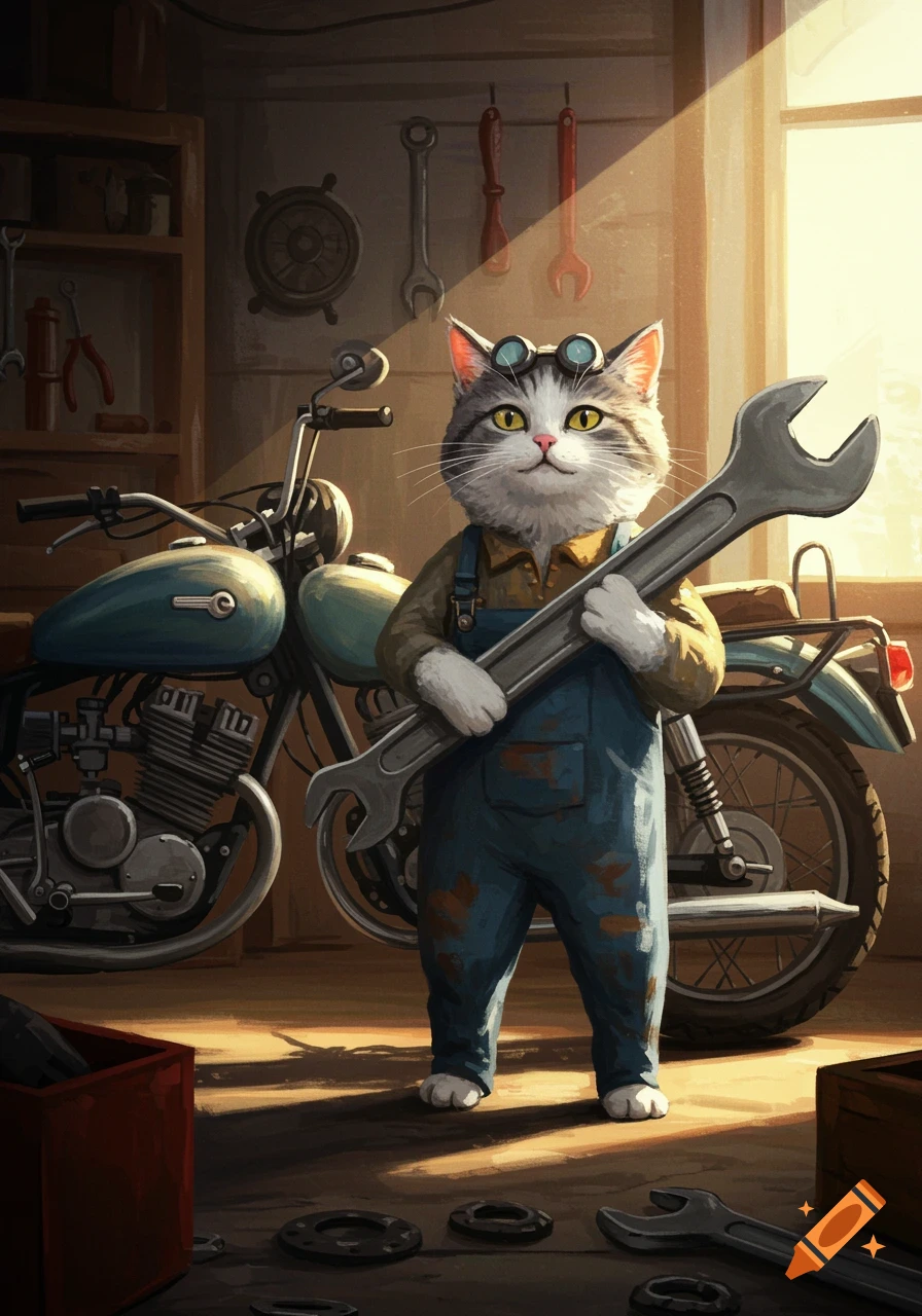 An acrylic painting of a cat mechanic wearing overalls and goggles, holding a large wrench in a sunlit garage with a motorcycle.