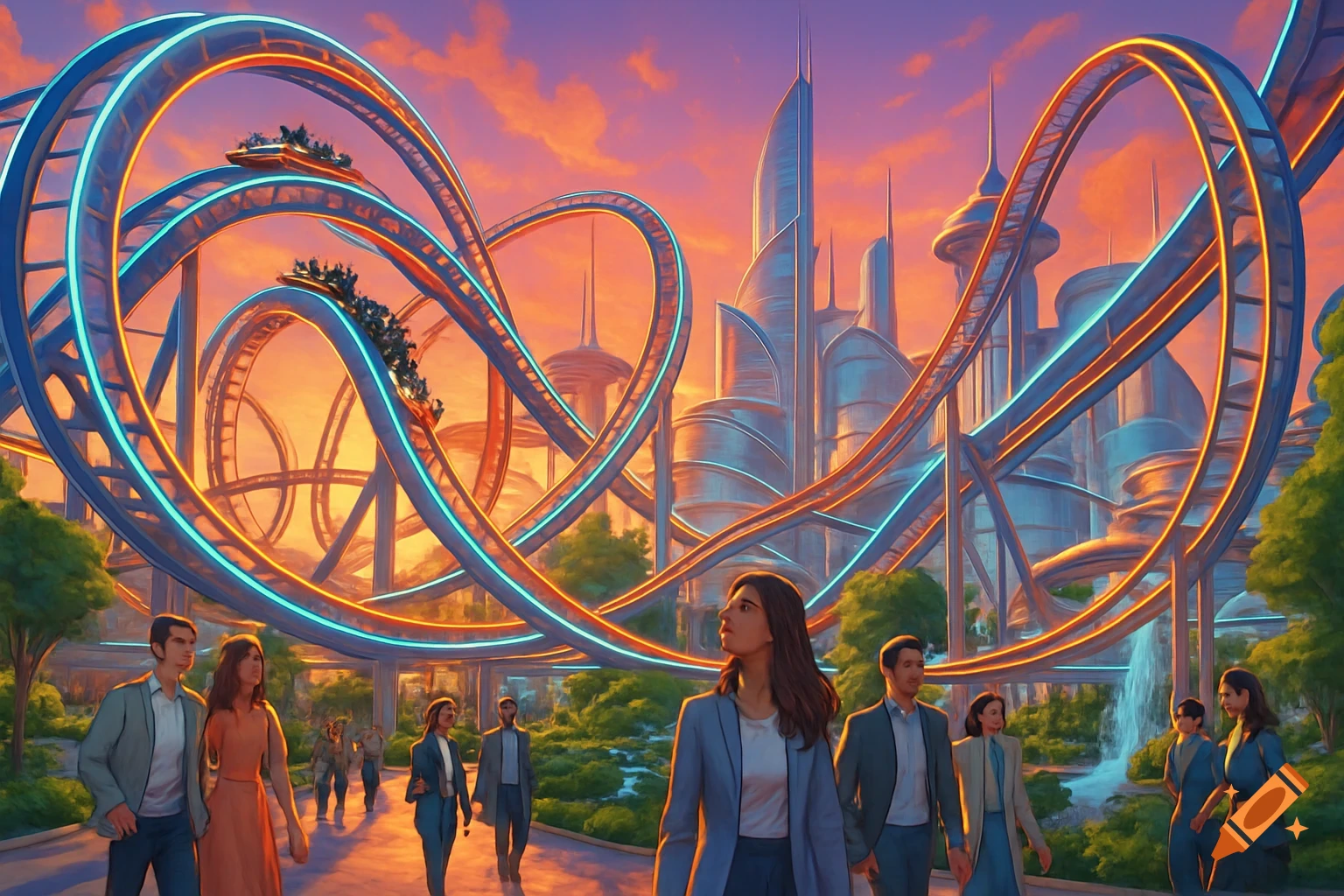 People walk through a vibrant futuristic city park with glowing roller coasters and sleek skyscrapers under an orange sky.